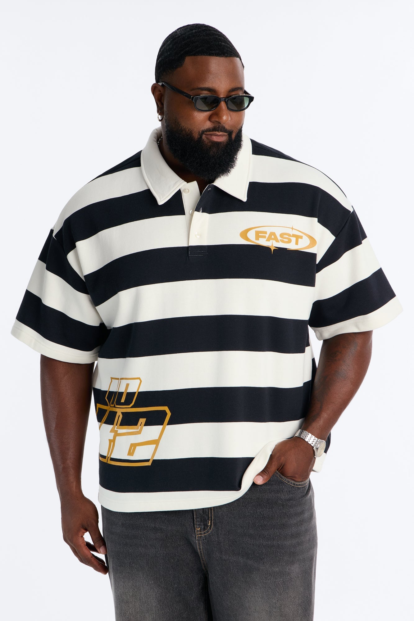 NO 42 Fast Stripe Fleece Polo - Black/combo image 1