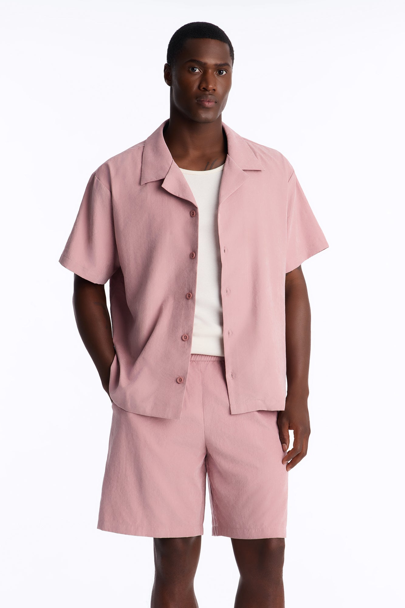 Neo Faux Suede Relaxed Cuban Collar Shirt - Mauve image 5