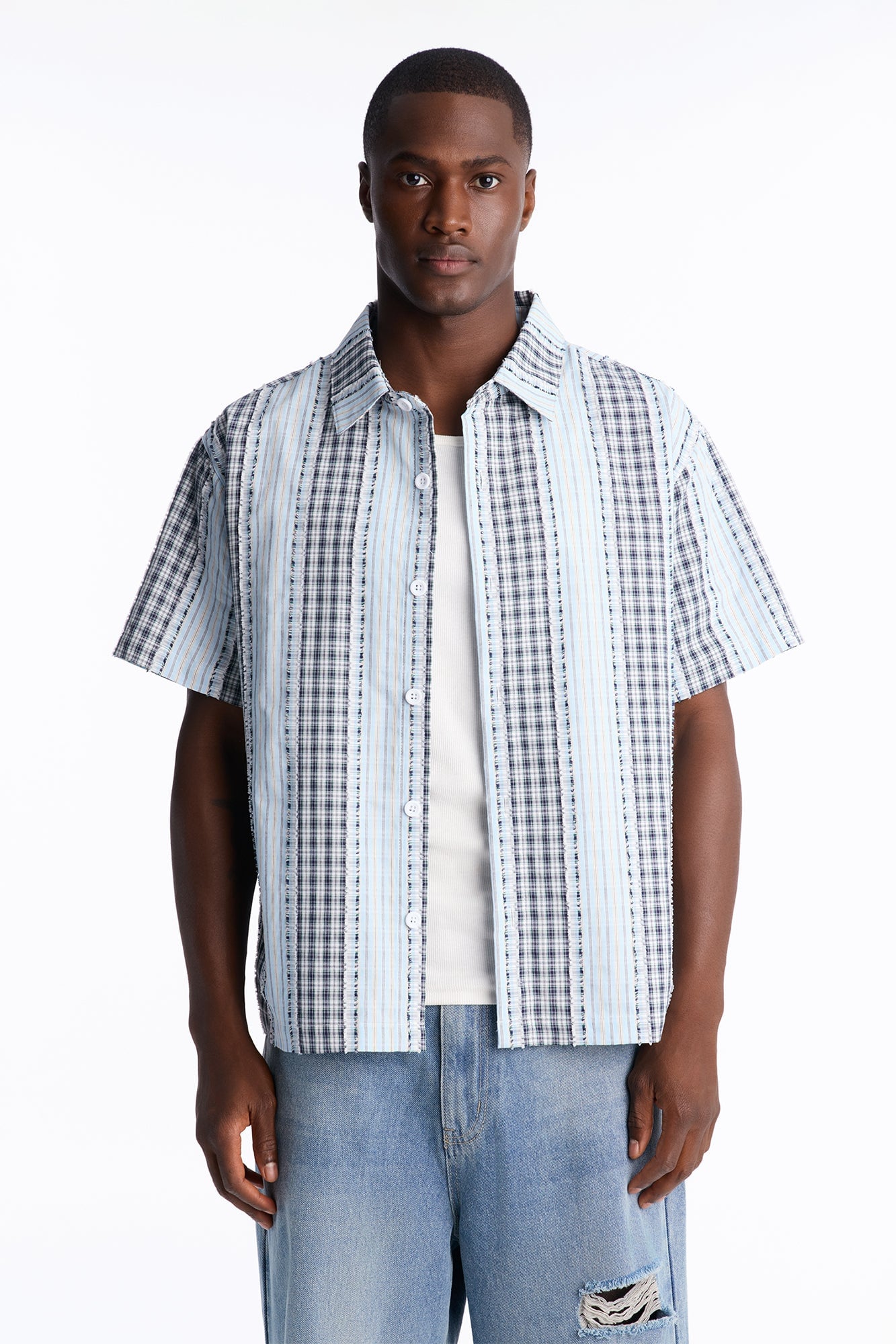 Plaid Dual Toned Button Up Shirt - Blue/combo image 5