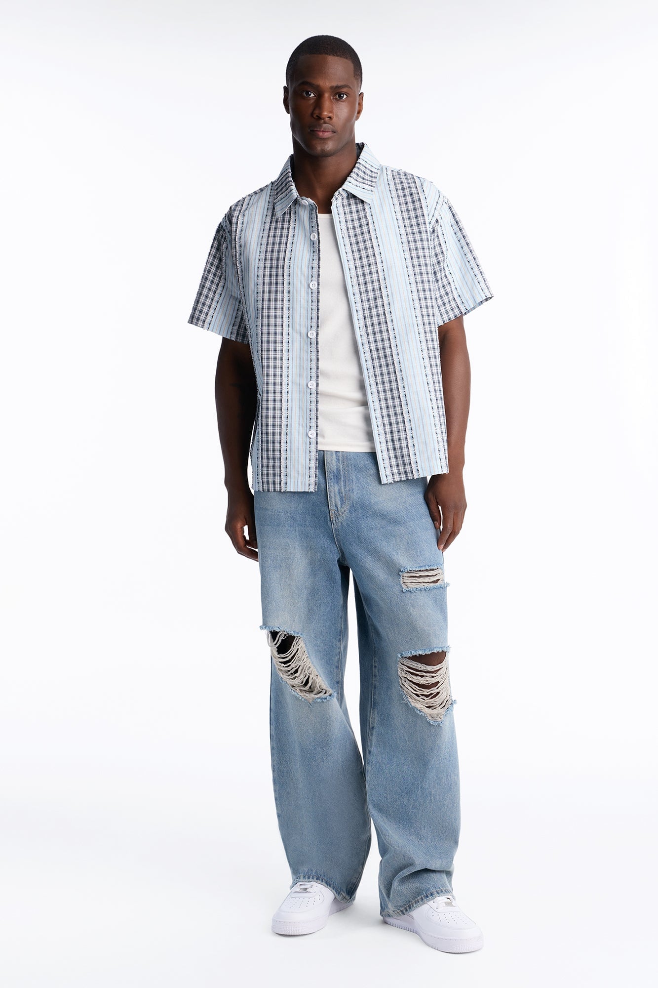 Plaid Dual Toned Button Up Shirt - Blue/combo image 6