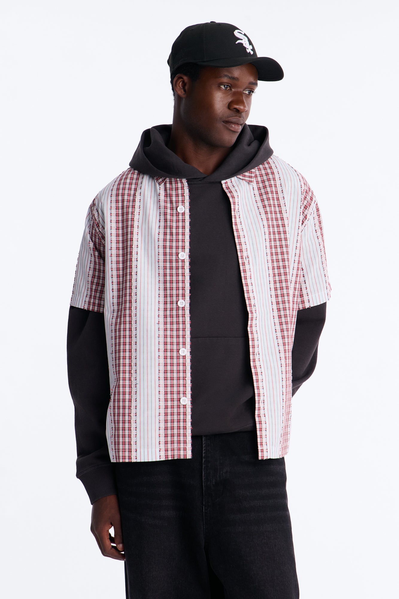 Plaid Dual Toned Button Up Shirt - Red/combo image 5