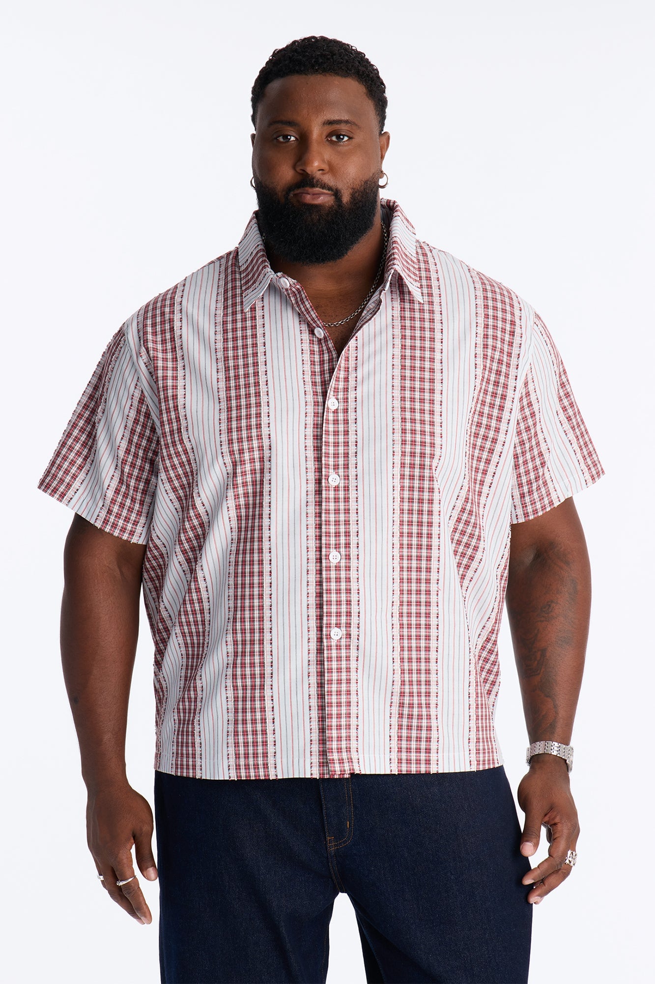 Plaid Dual Toned Button Up Shirt - Red/combo image 1
