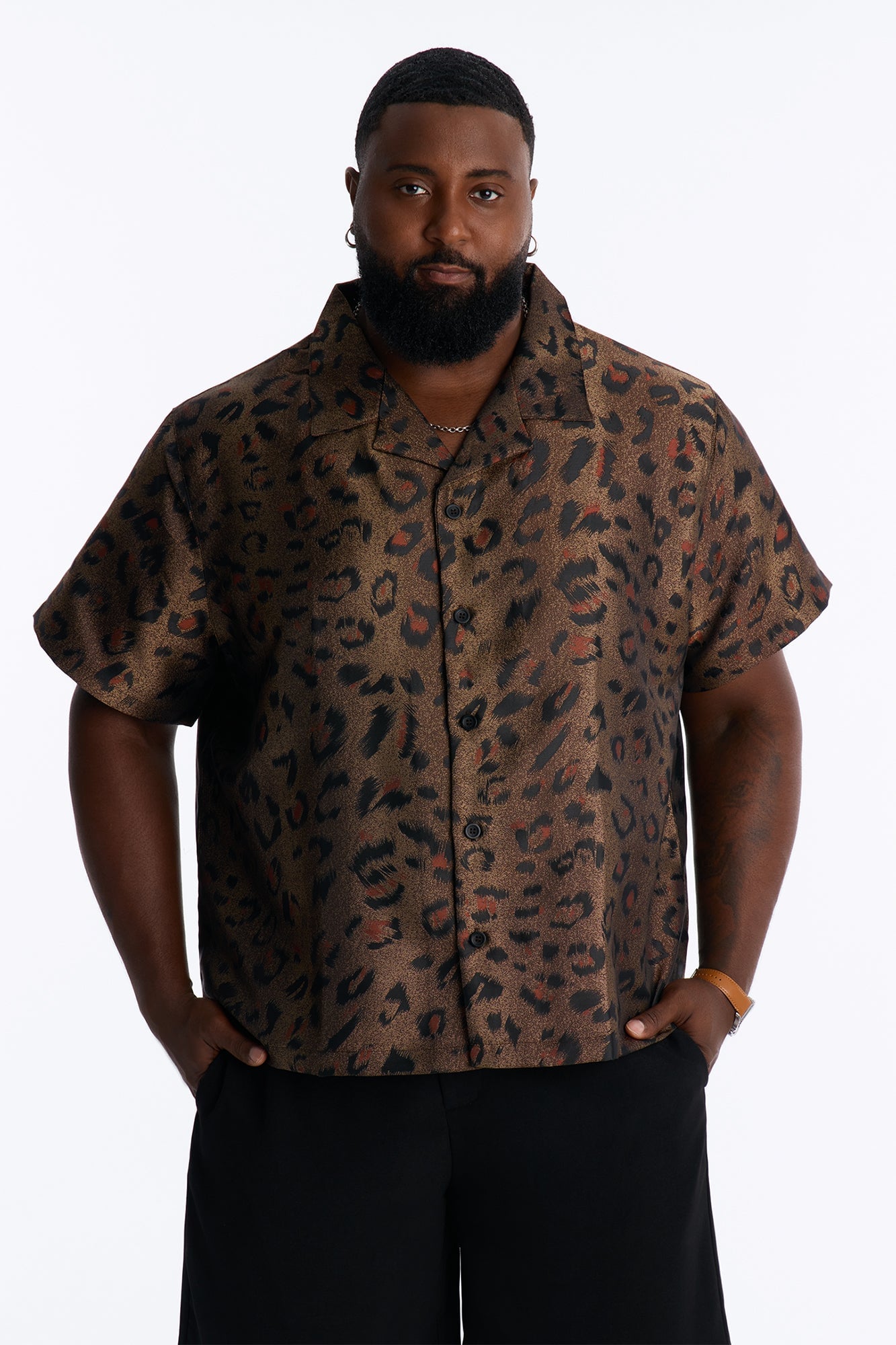 Dune Leopard Cuban Collar Button Up Shirt - Brown/combo image 1