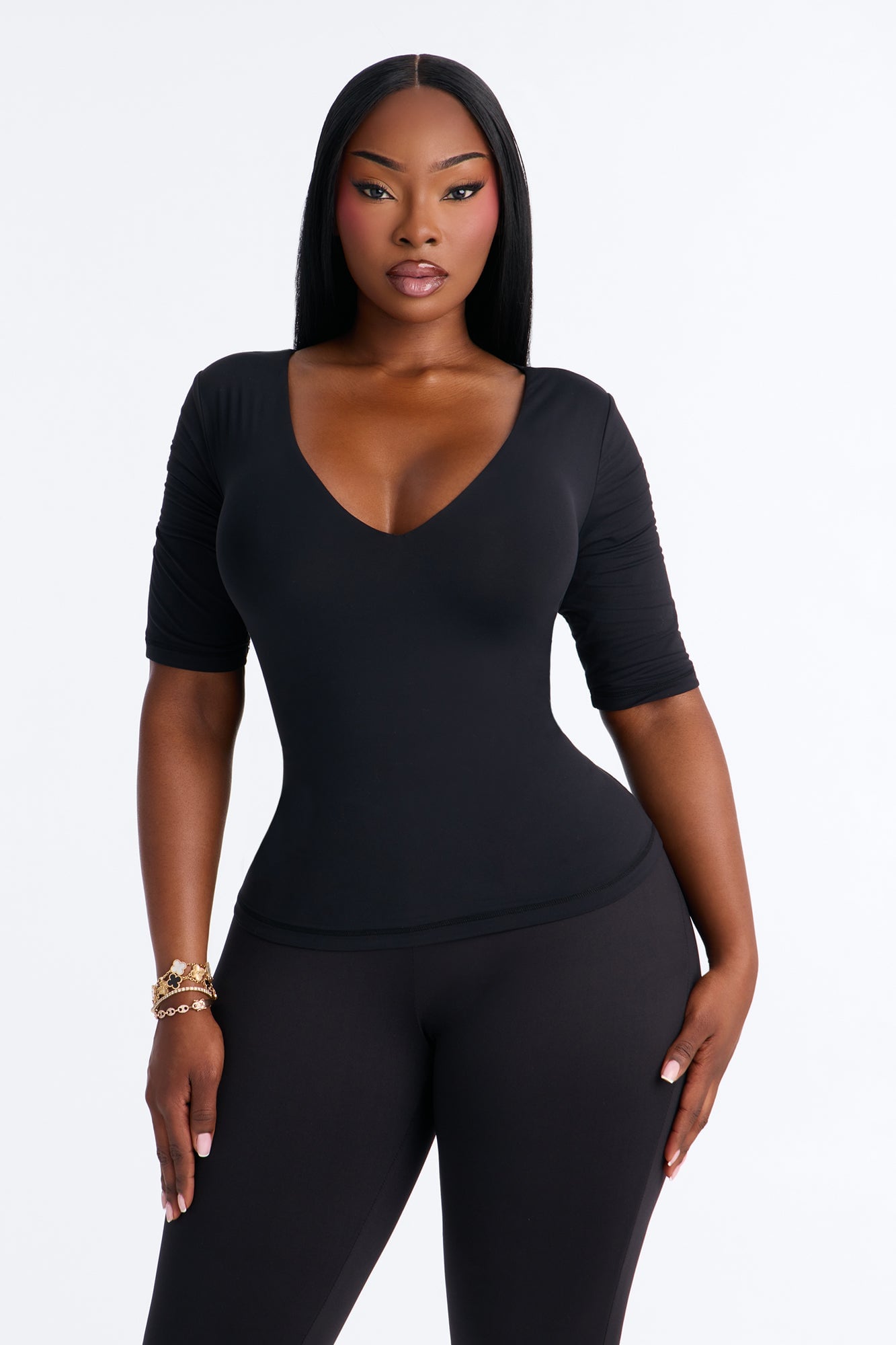 Second Skin Deep U Neck Elbow Sleeve Top - Black image 1