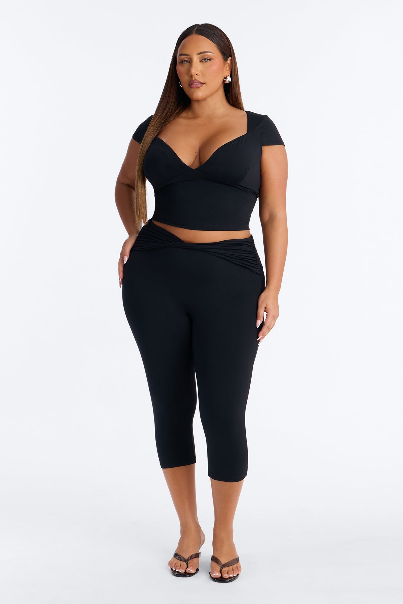 Second Skin Double Lined Bra Pad V Neck Cap Sleeve Top - Black image 2