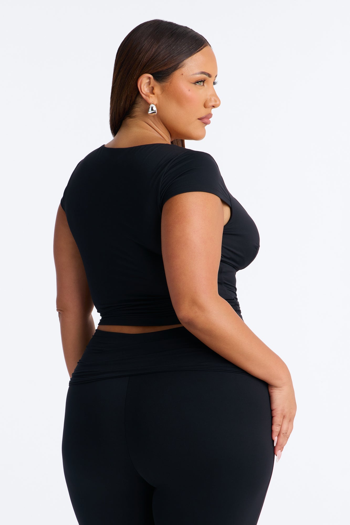 Second Skin Double Lined Bra Pad V Neck Cap Sleeve Top - Black image 3