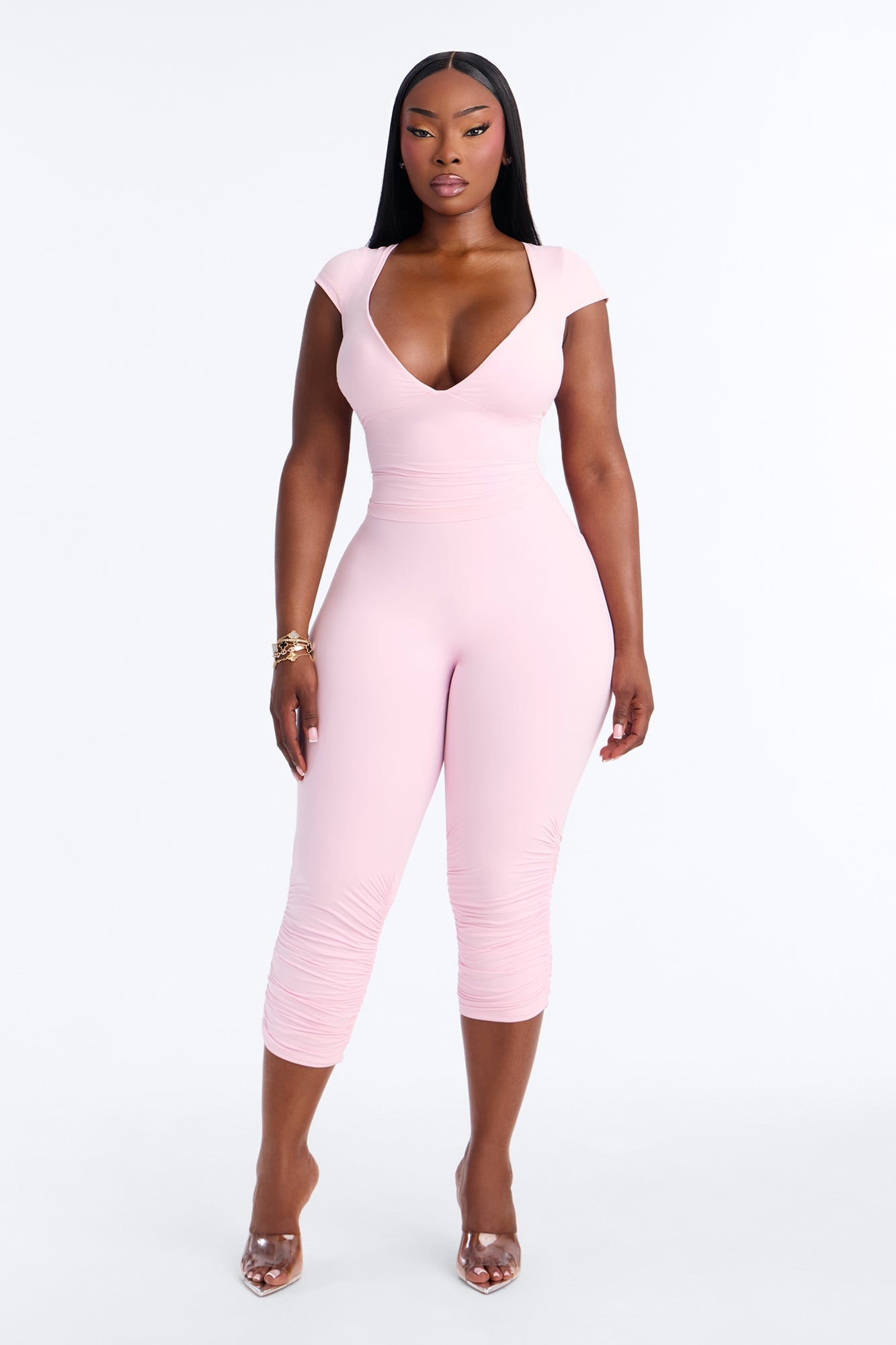Second Skin Double Lined Bra Pad V Neck Cap Sleeve Top - Light Pink image 2