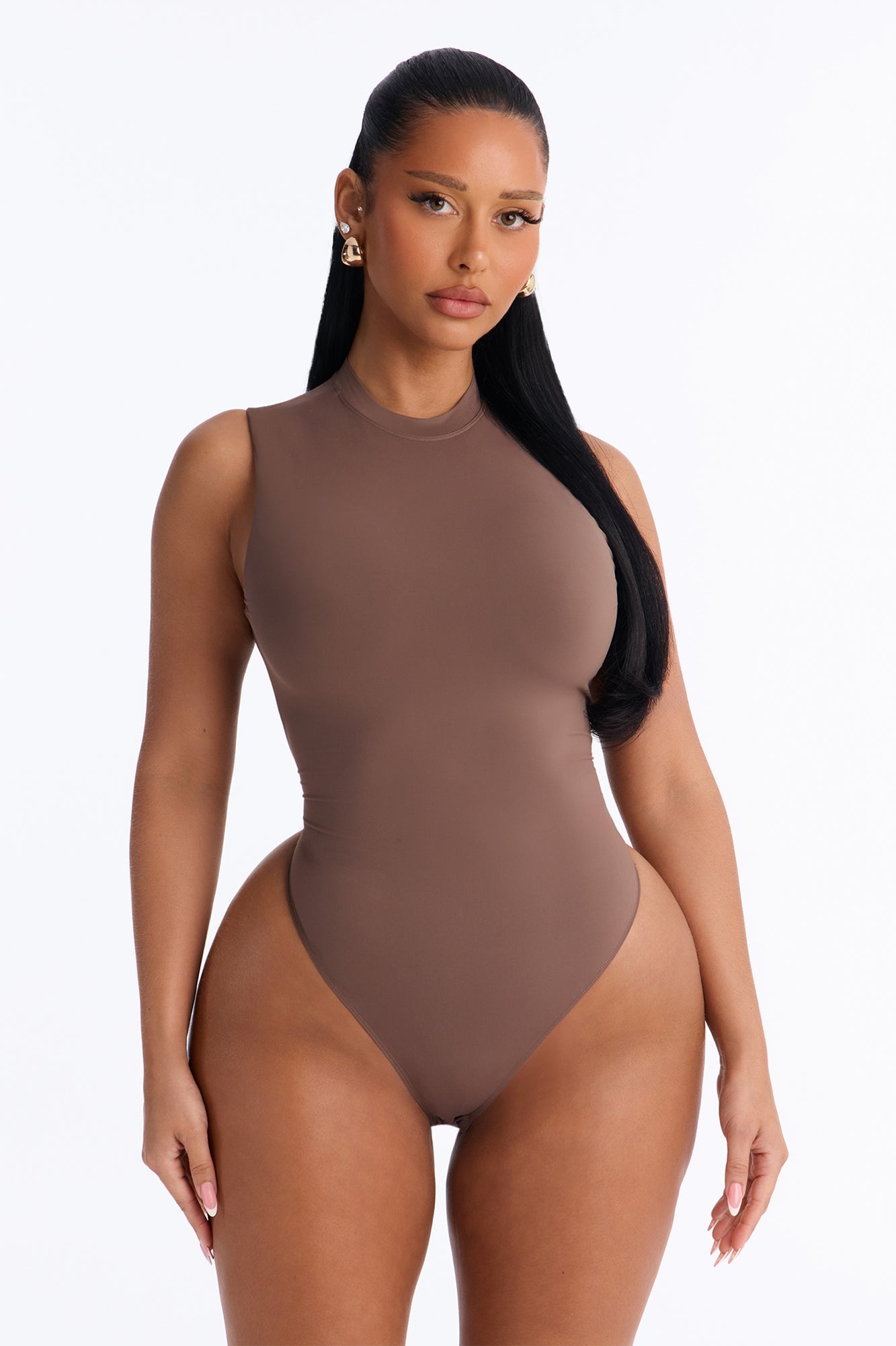 Second Skin Double Lined Mock Neck Sleeveless Bodysuit - Brown image 5
