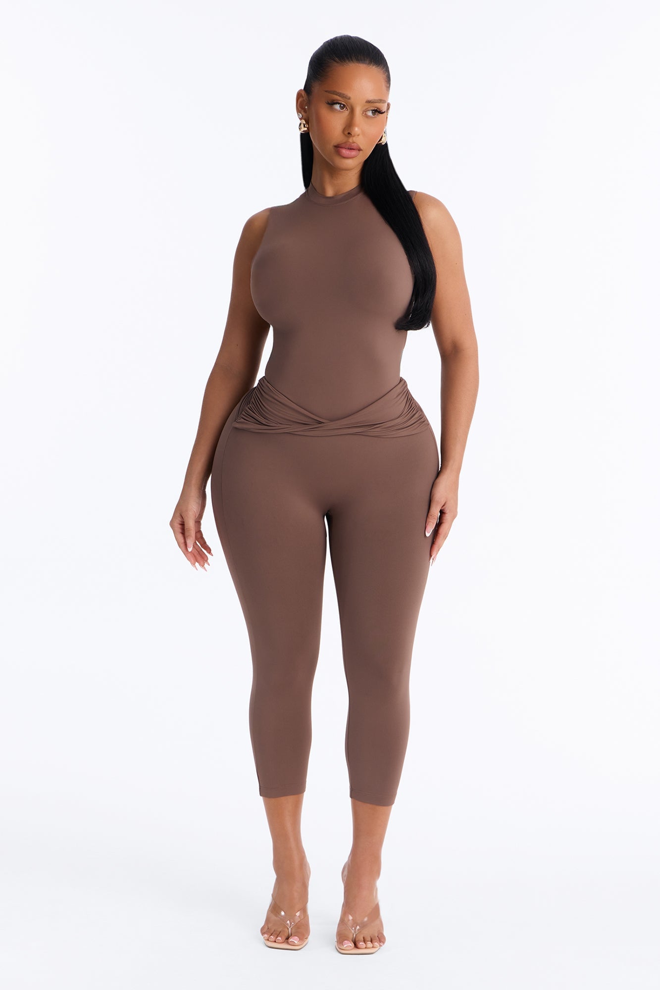 Second Skin Double Lined Mock Neck Sleeveless Bodysuit - Brown image 6