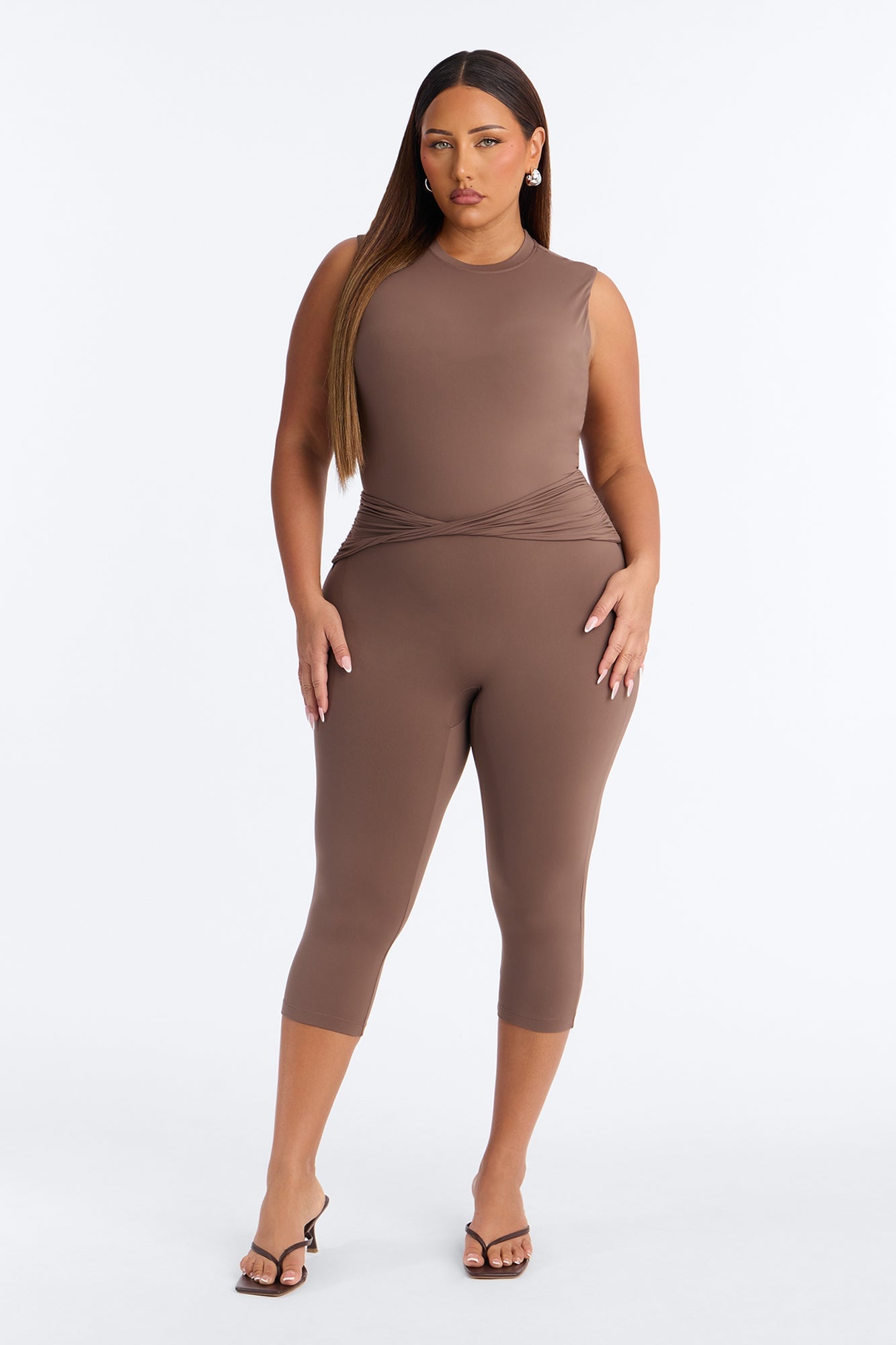 Second Skin Double Lined Mock Neck Sleeveless Bodysuit - Brown image 2