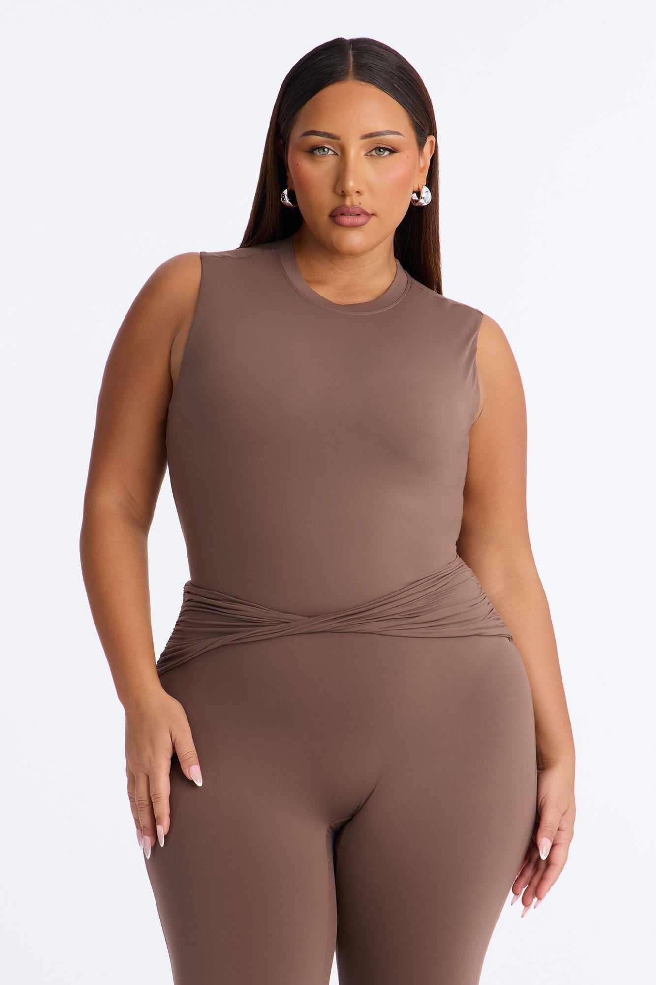 Second Skin Double Lined Mock Neck Sleeveless Bodysuit - Brown image 3