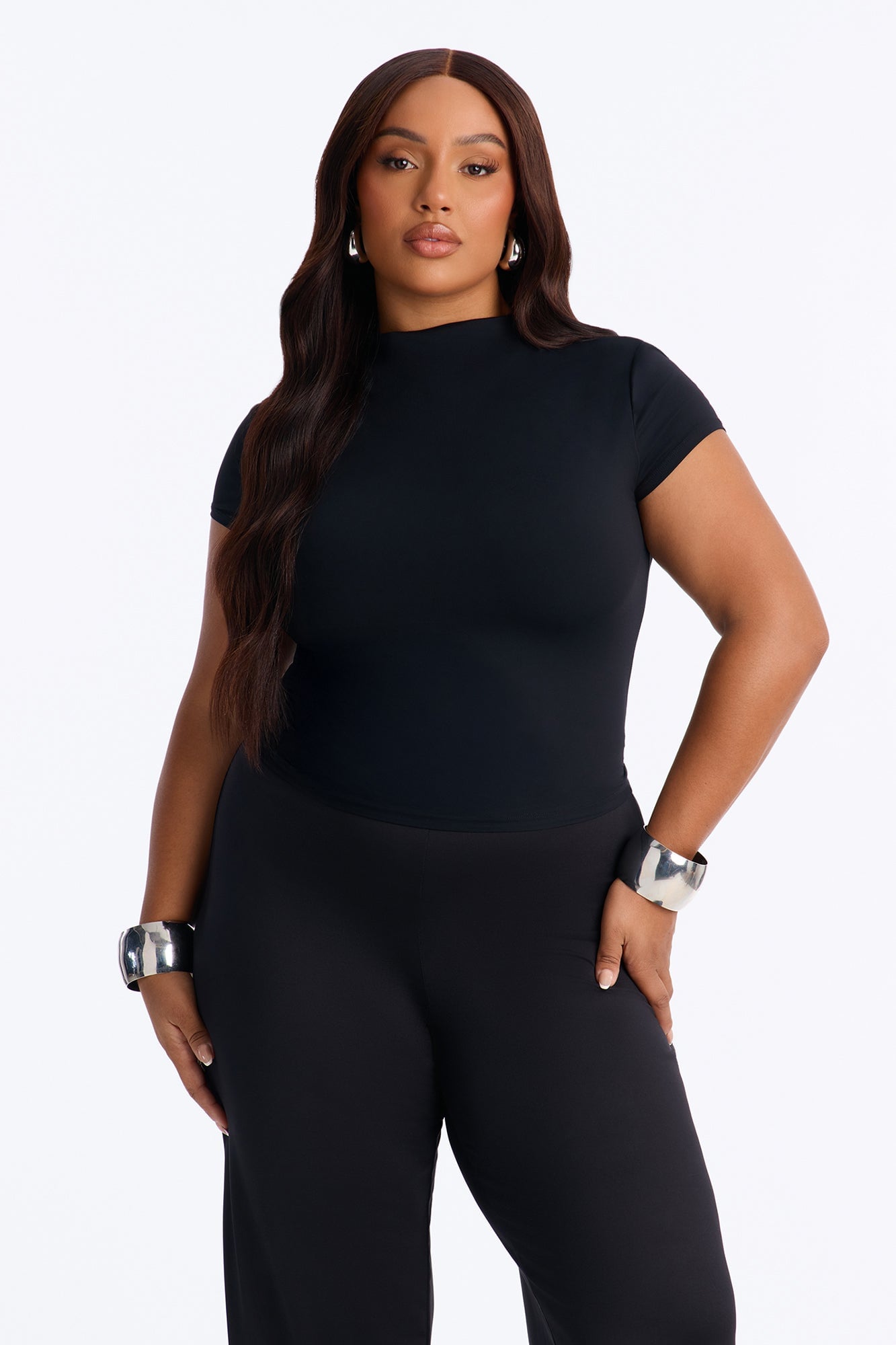 Second Skin Double Lined Mock Neck Short Sleeve Top - Black image 1
