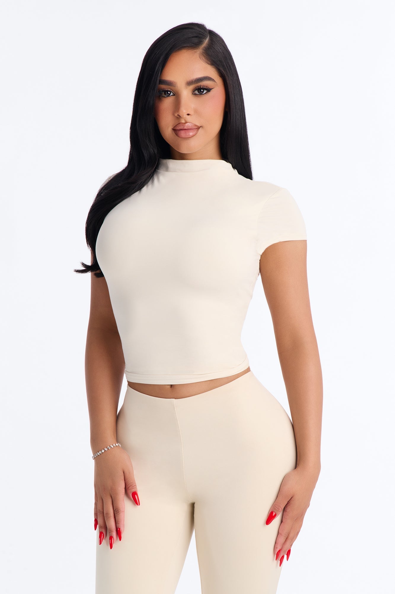 Second Skin Double Lined Mock Neck Short Sleeve Top - Bone image 6