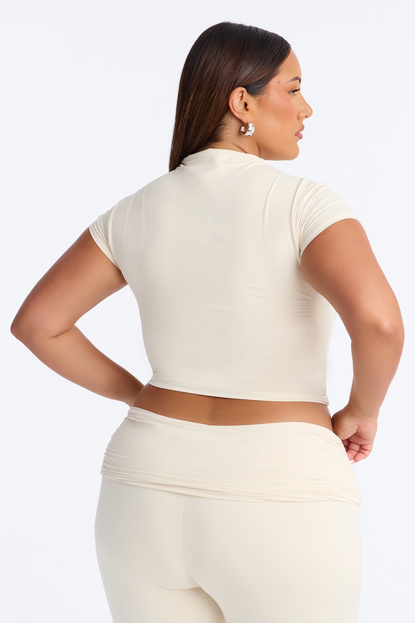 Second Skin Double Lined Mock Neck Short Sleeve Top - Bone image 3