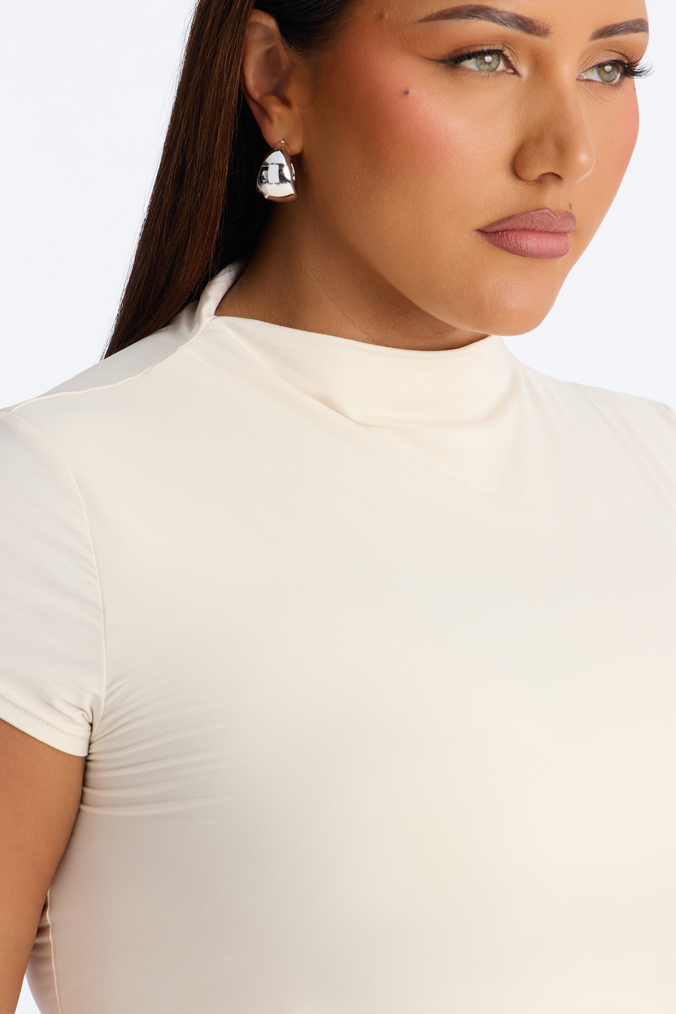 Second Skin Double Lined Mock Neck Short Sleeve Top - Bone image 4