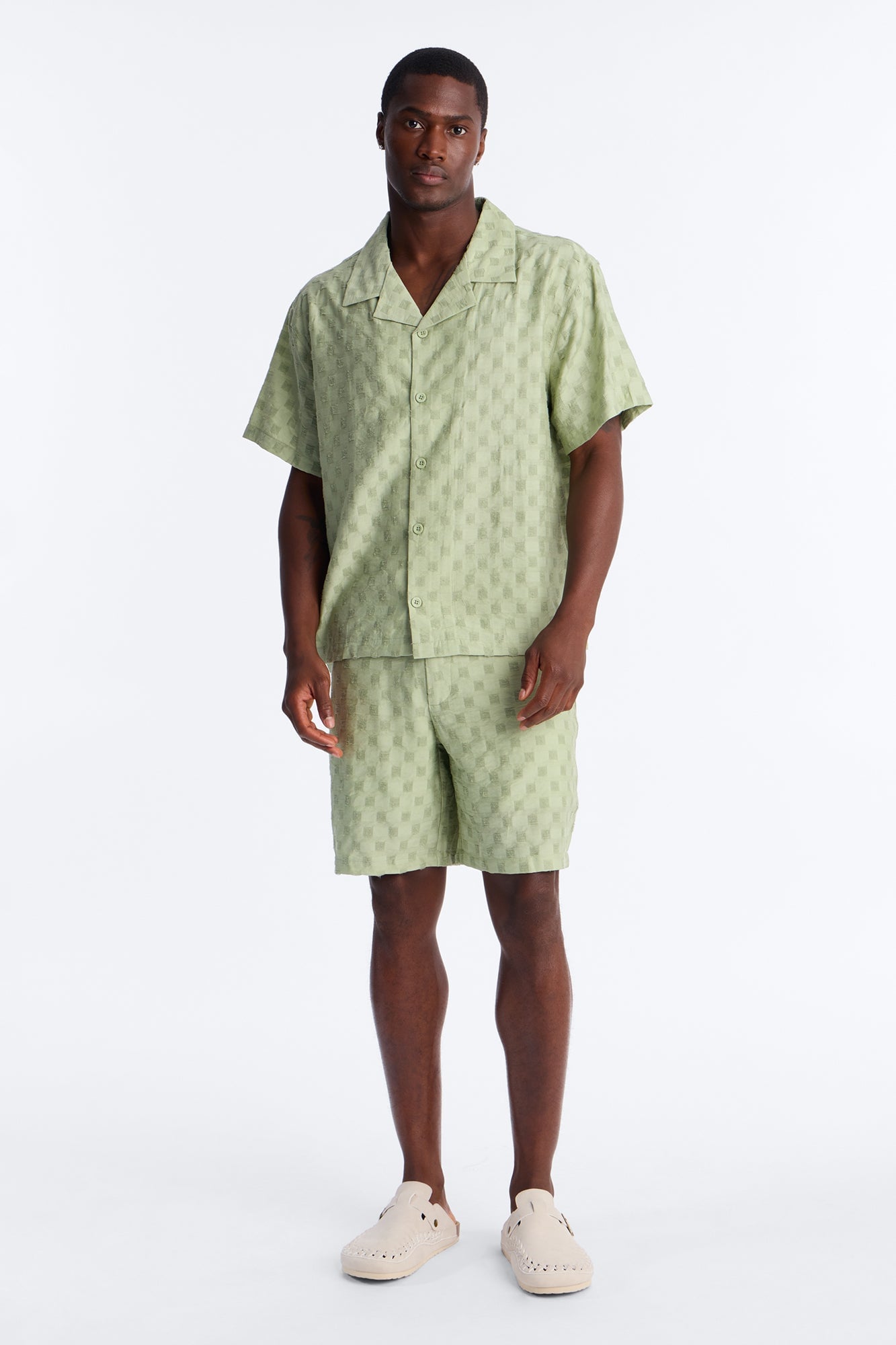 Textured Checkered Cuban Collar Button Up Shirt - Sage image 6