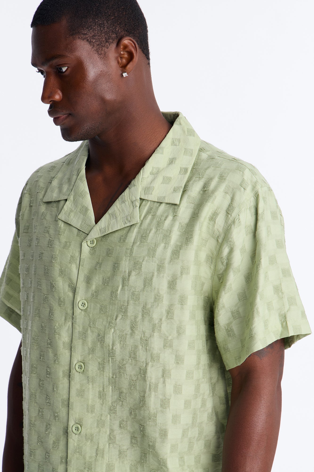 Textured Checkered Cuban Collar Button Up Shirt - Sage image 7