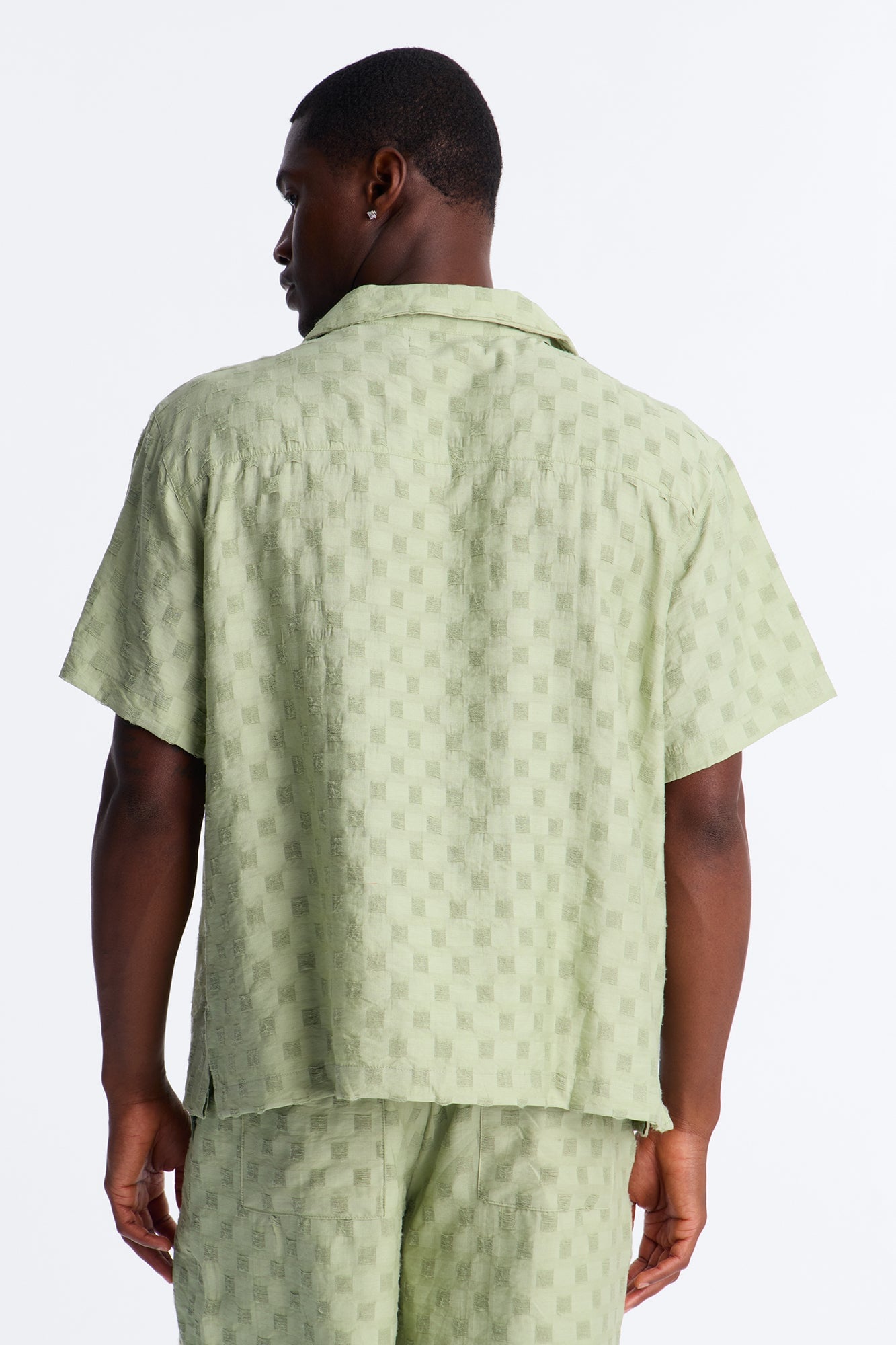 Textured Checkered Cuban Collar Button Up Shirt - Sage image 8