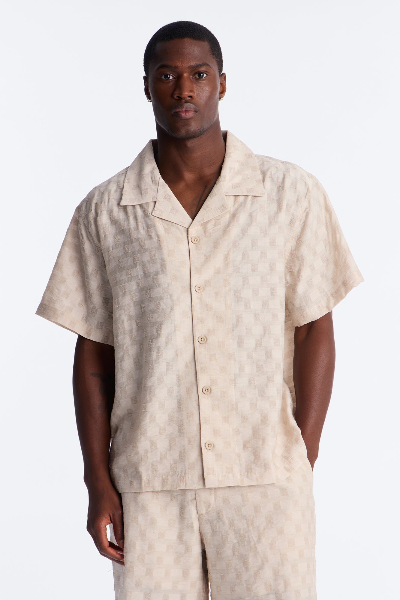 Textured Checkered Cuban Collar Button Up Shirt - Taupe image 5
