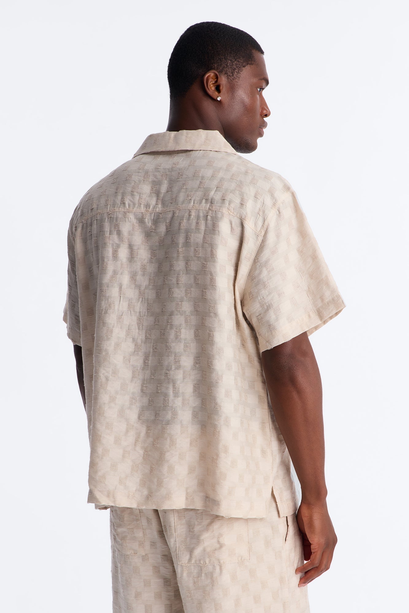 Textured Checkered Cuban Collar Button Up Shirt - Taupe image 8