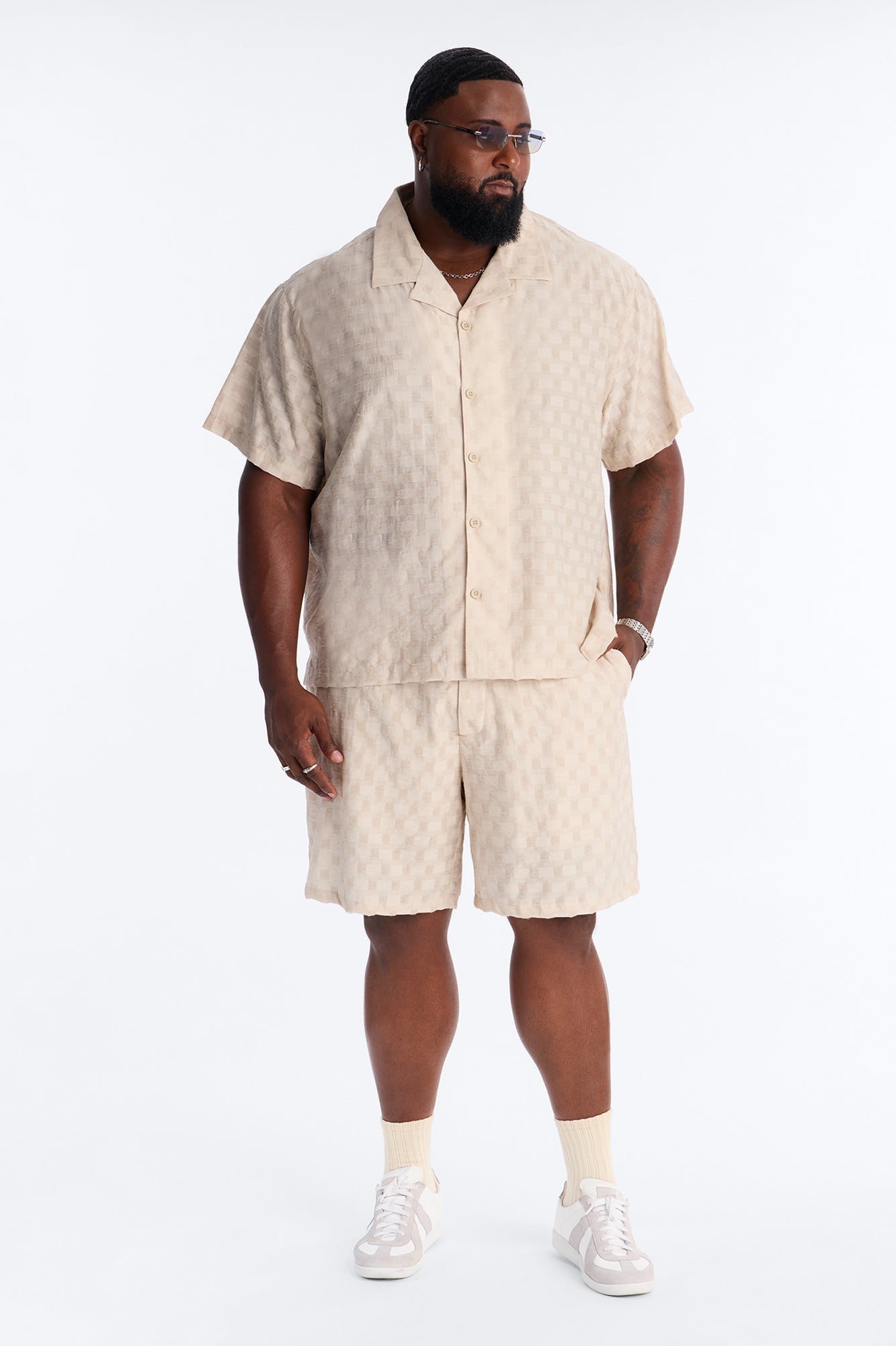 Textured Checkered Cuban Collar Button Up Shirt - Taupe image 2