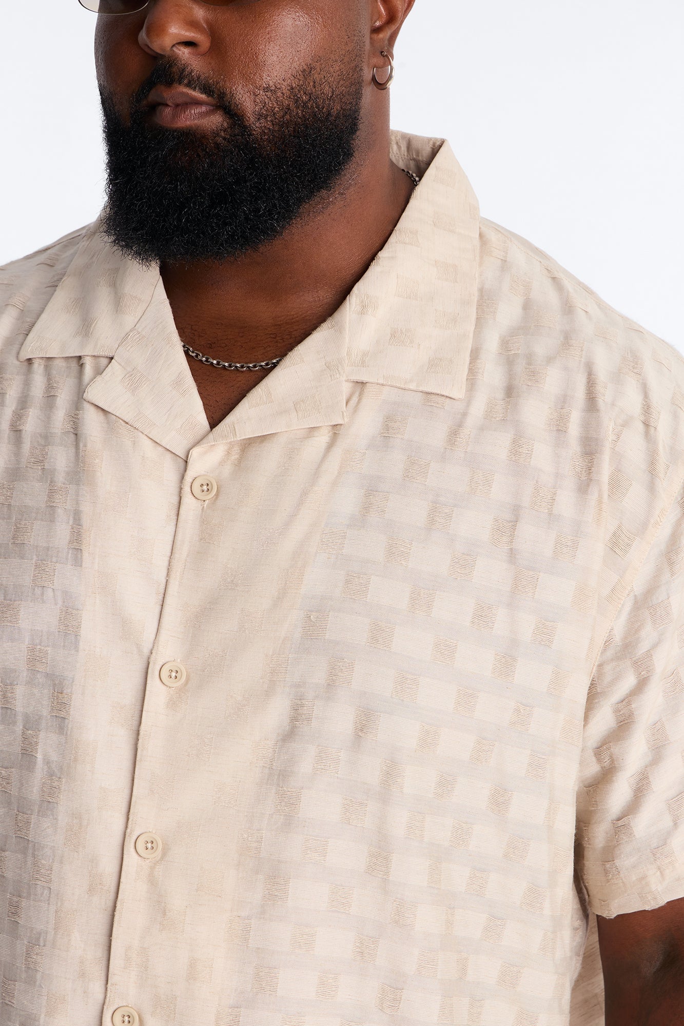Textured Checkered Cuban Collar Button Up Shirt - Taupe image 4