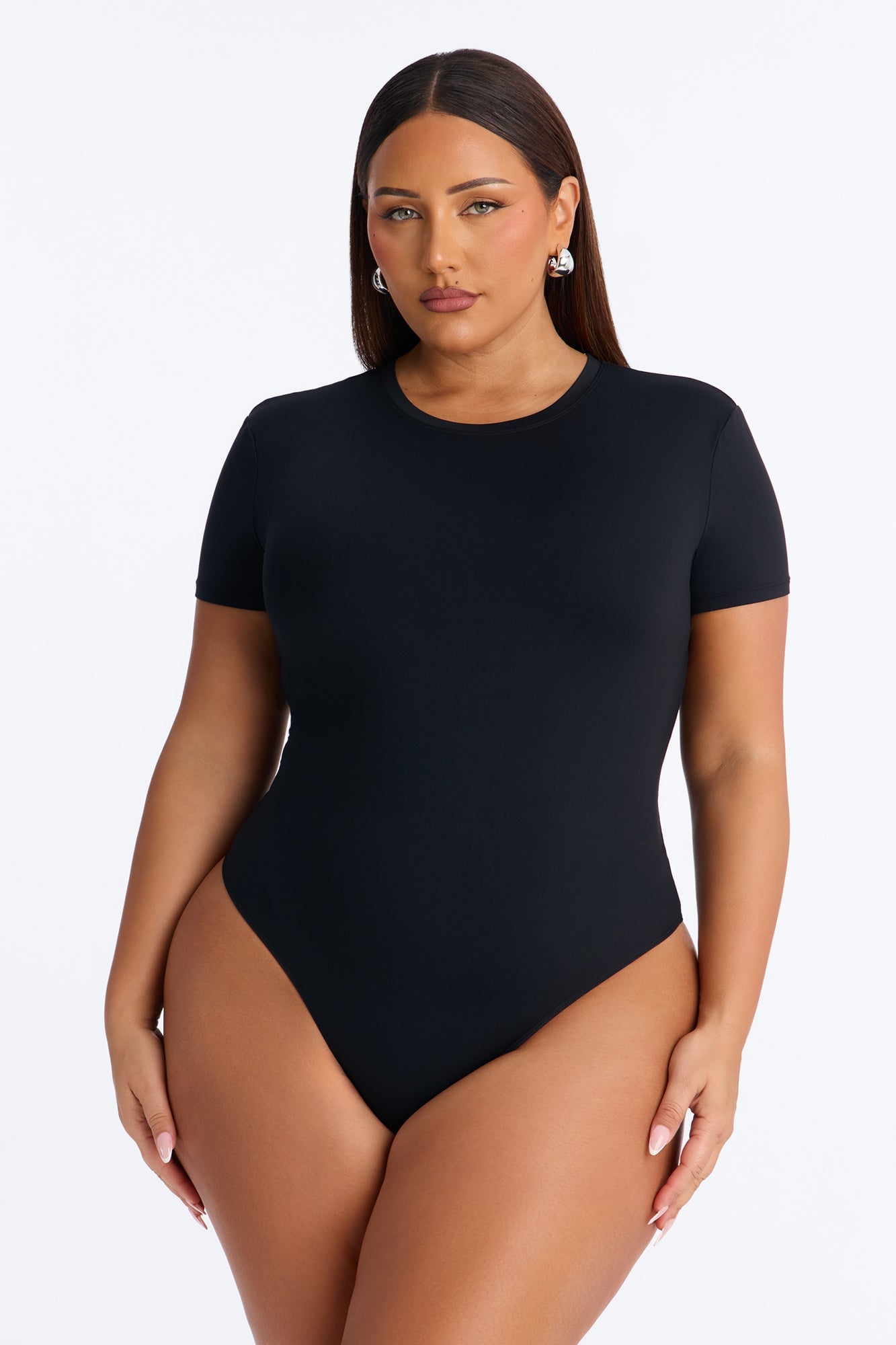 Second Skin Double Lined Crew Neck Short Sleeve Bodysuit - Black image 1