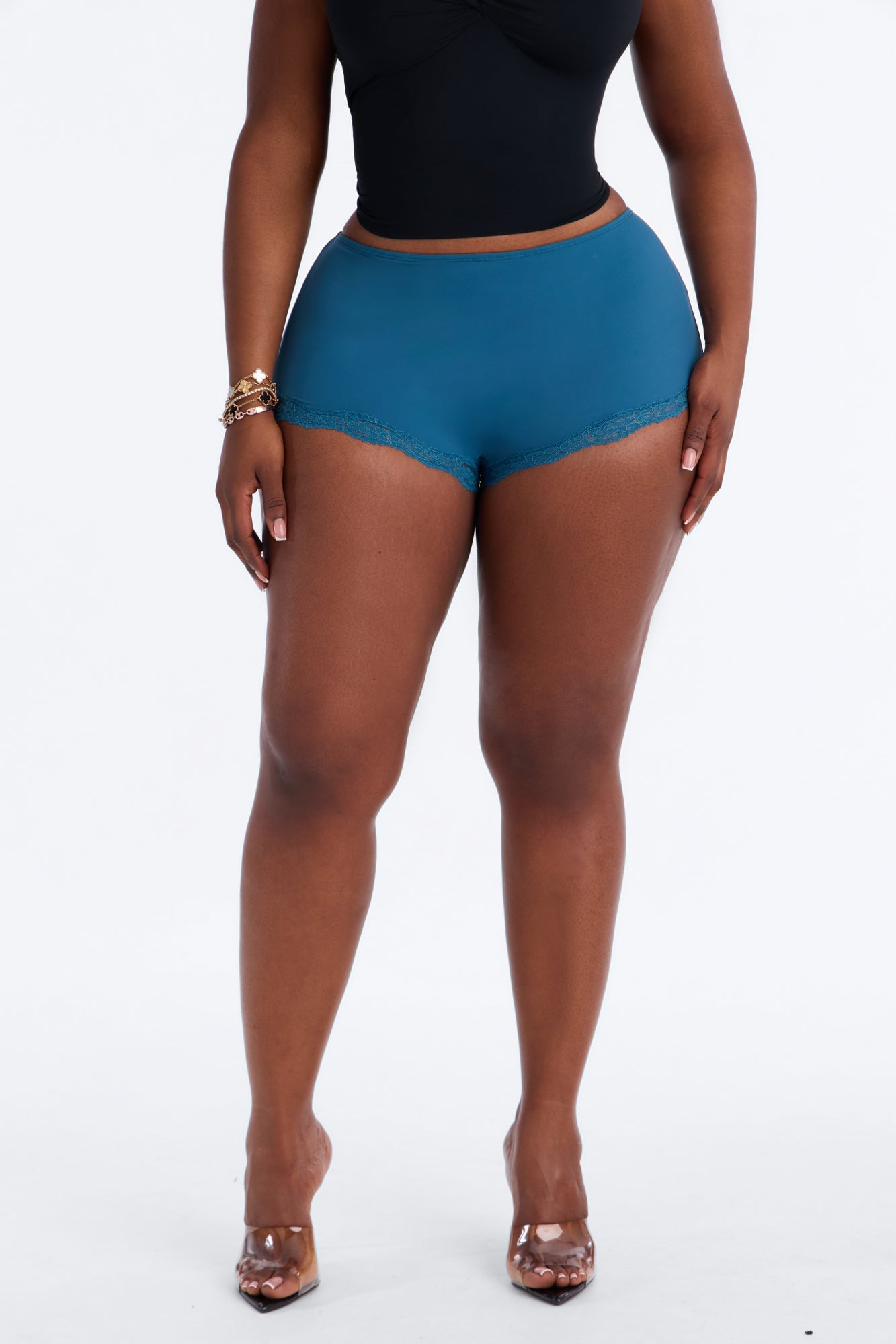 Second Skin Double Lined Lace Trim Micro Shorts - Teal image 2