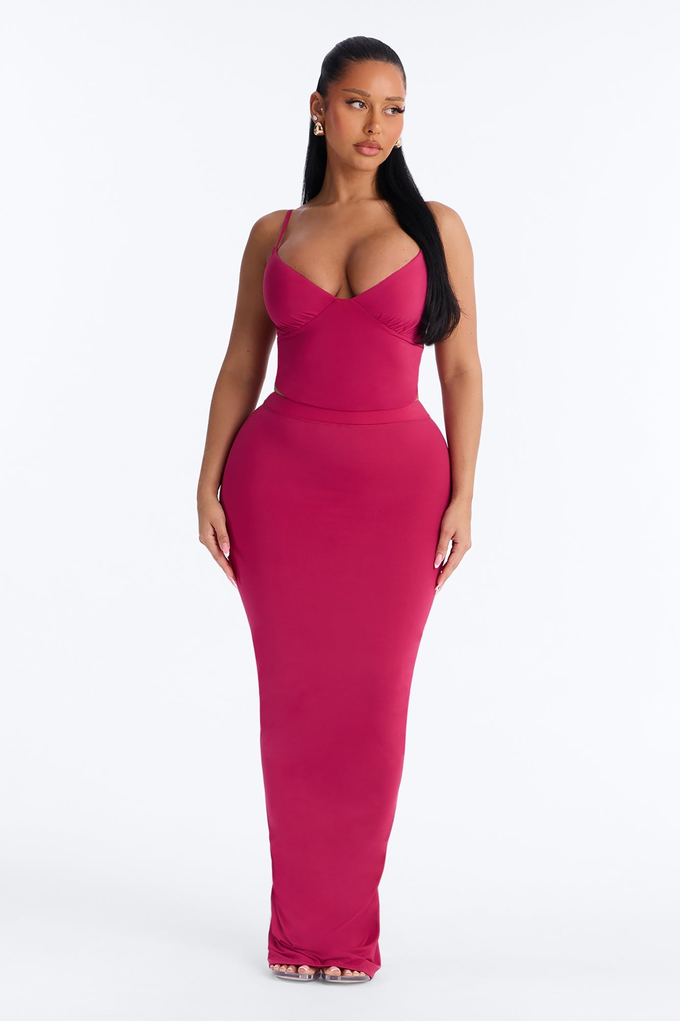 Second Skin Double Lined Ruched Back Slit Maxi Skirt - Raspberry image 6