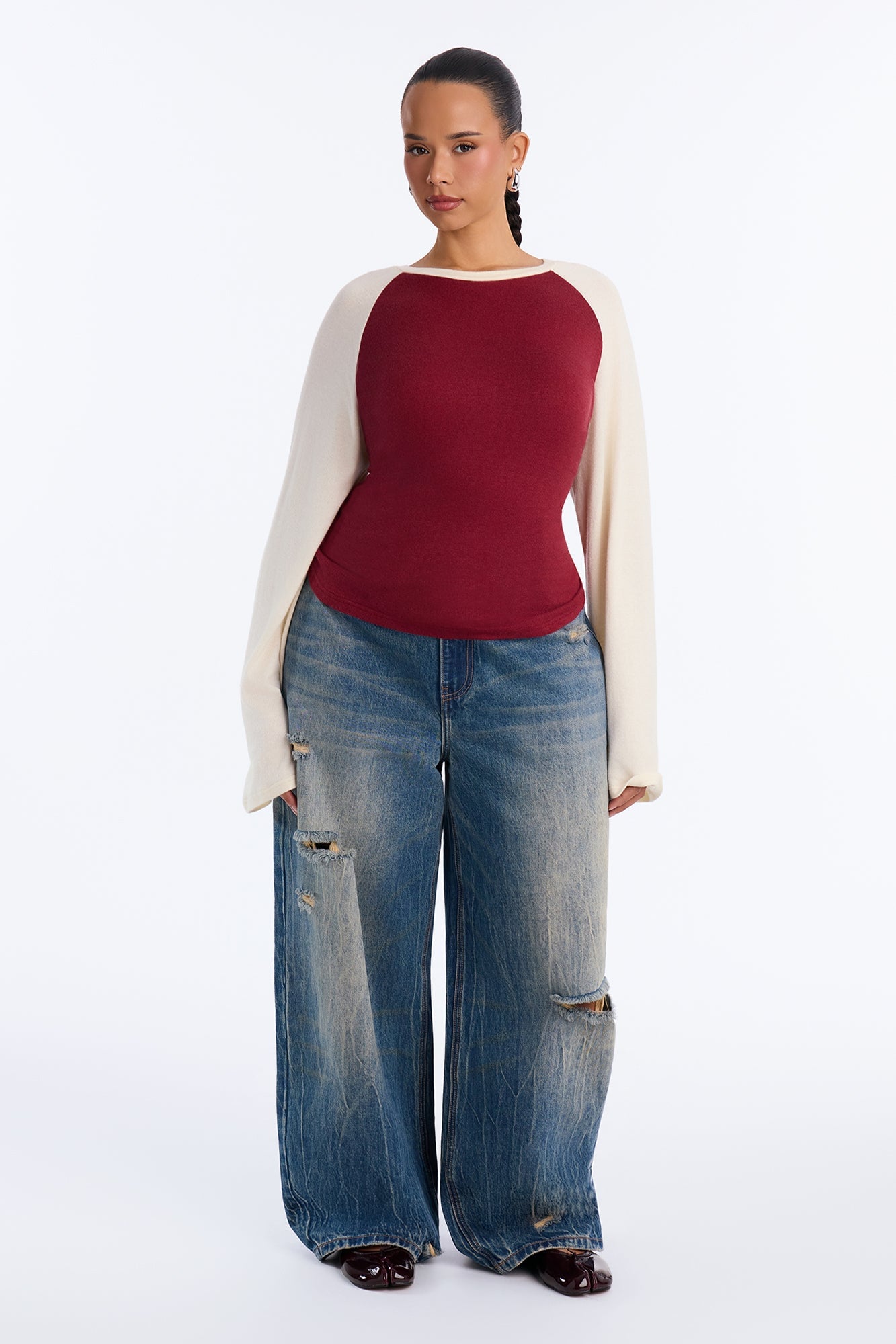 Still Got It Lace Up Raglan Baseball Sweater - Burgundy/combo image 2