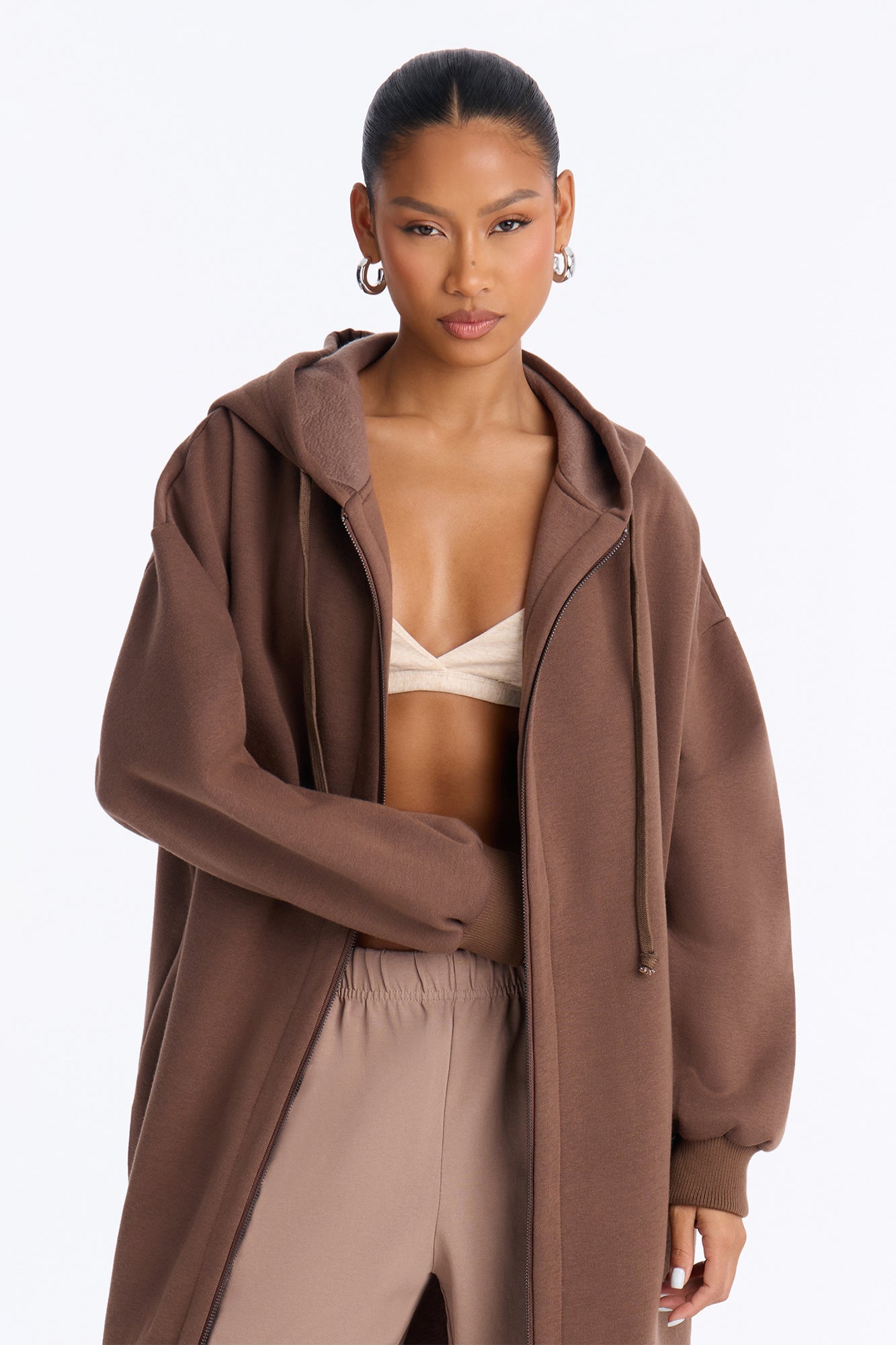 Sunday Lounge Fleece Hooded Long Jacket - Brown image 6