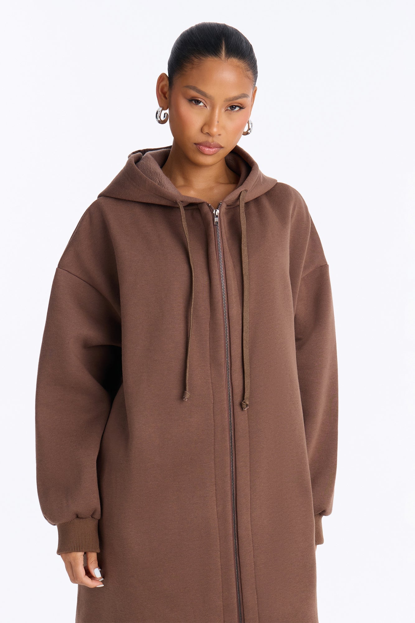 Sunday Lounge Fleece Hooded Long Jacket - Brown image 9