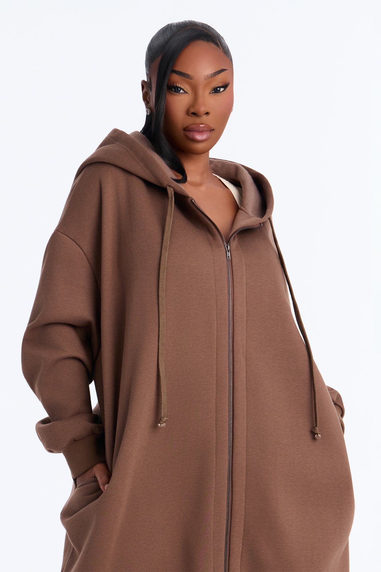 Sunday Lounge Fleece Hooded Long Jacket - Brown image 2
