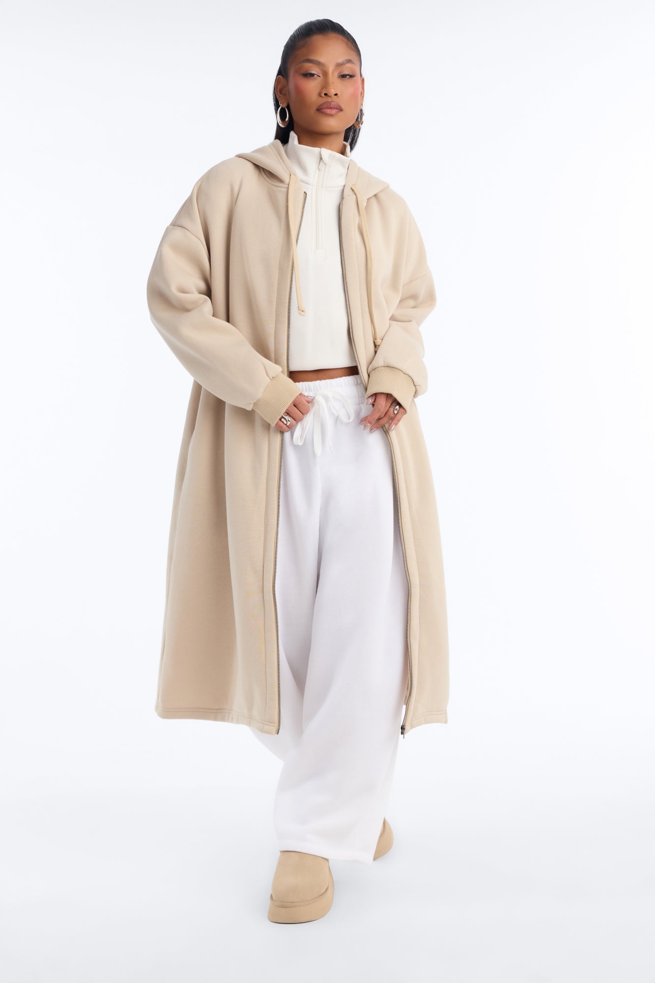 Sunday Lounge Fleece Hooded Long Jacket - Taupe image 5