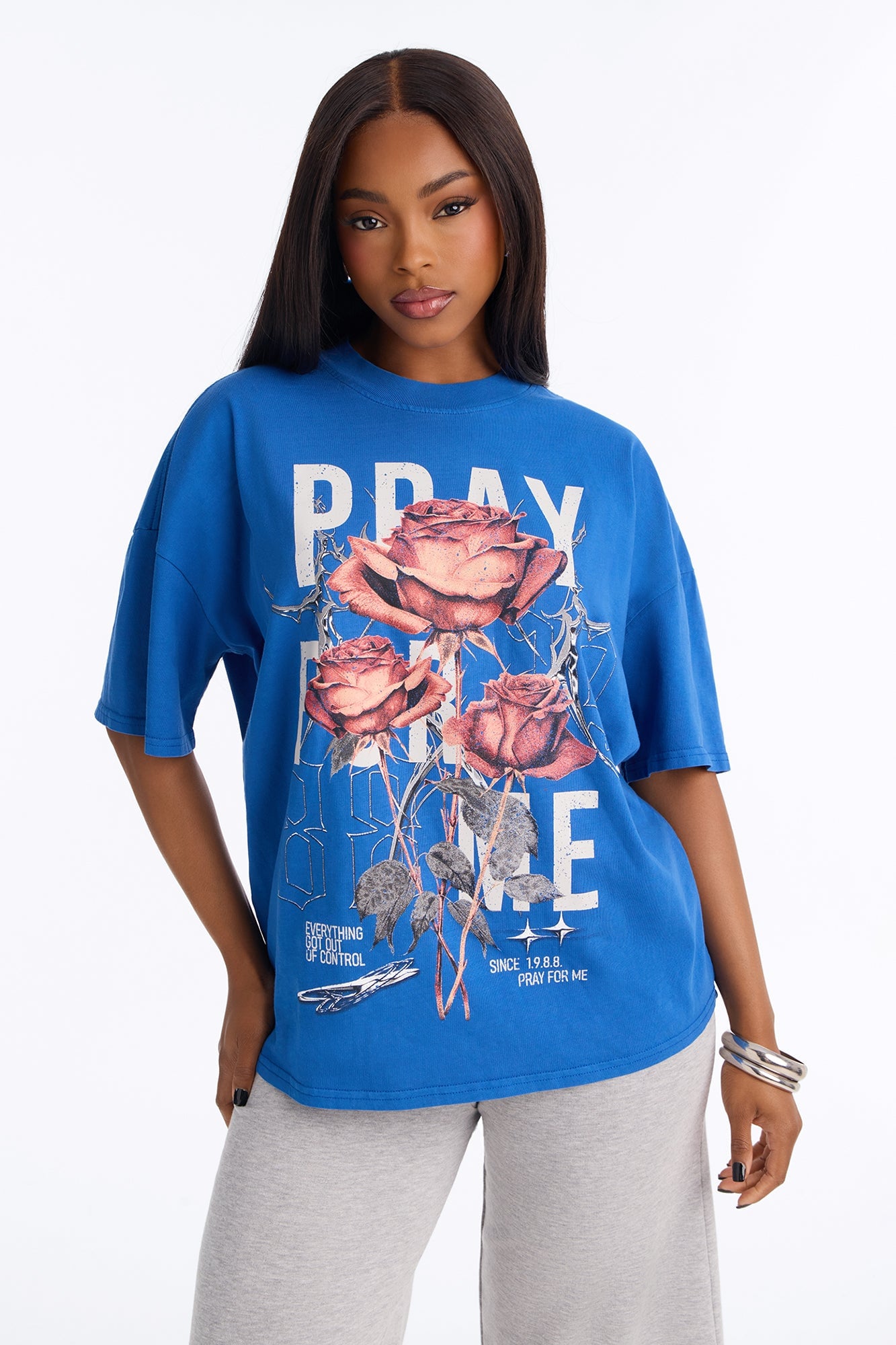 Pray For Me Floral Bloom Washed Tee - Blue image 1