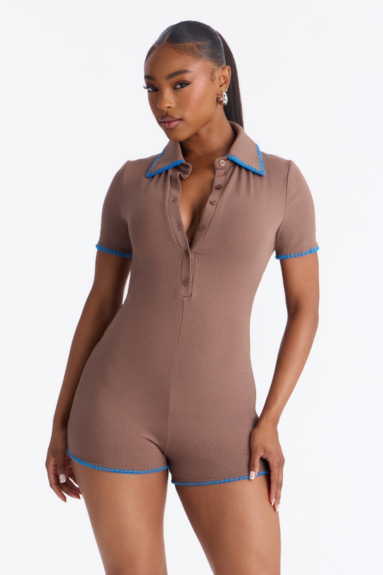 Kaia Ribbed Short Sleeve Micro Short Rompers - Brown image 5
