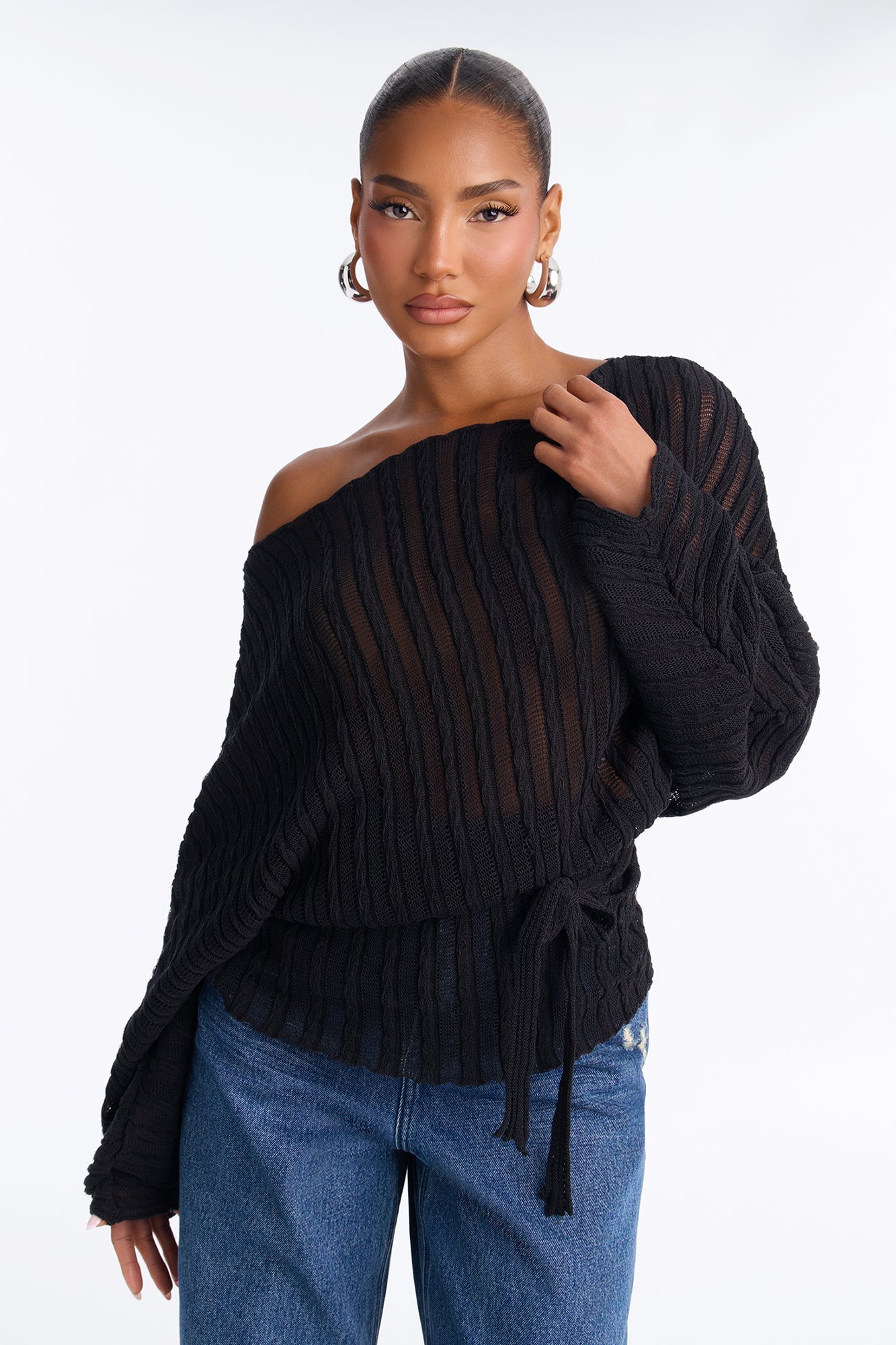 Silent Romance Tie Waist Pullover Sweater - Black image 5
