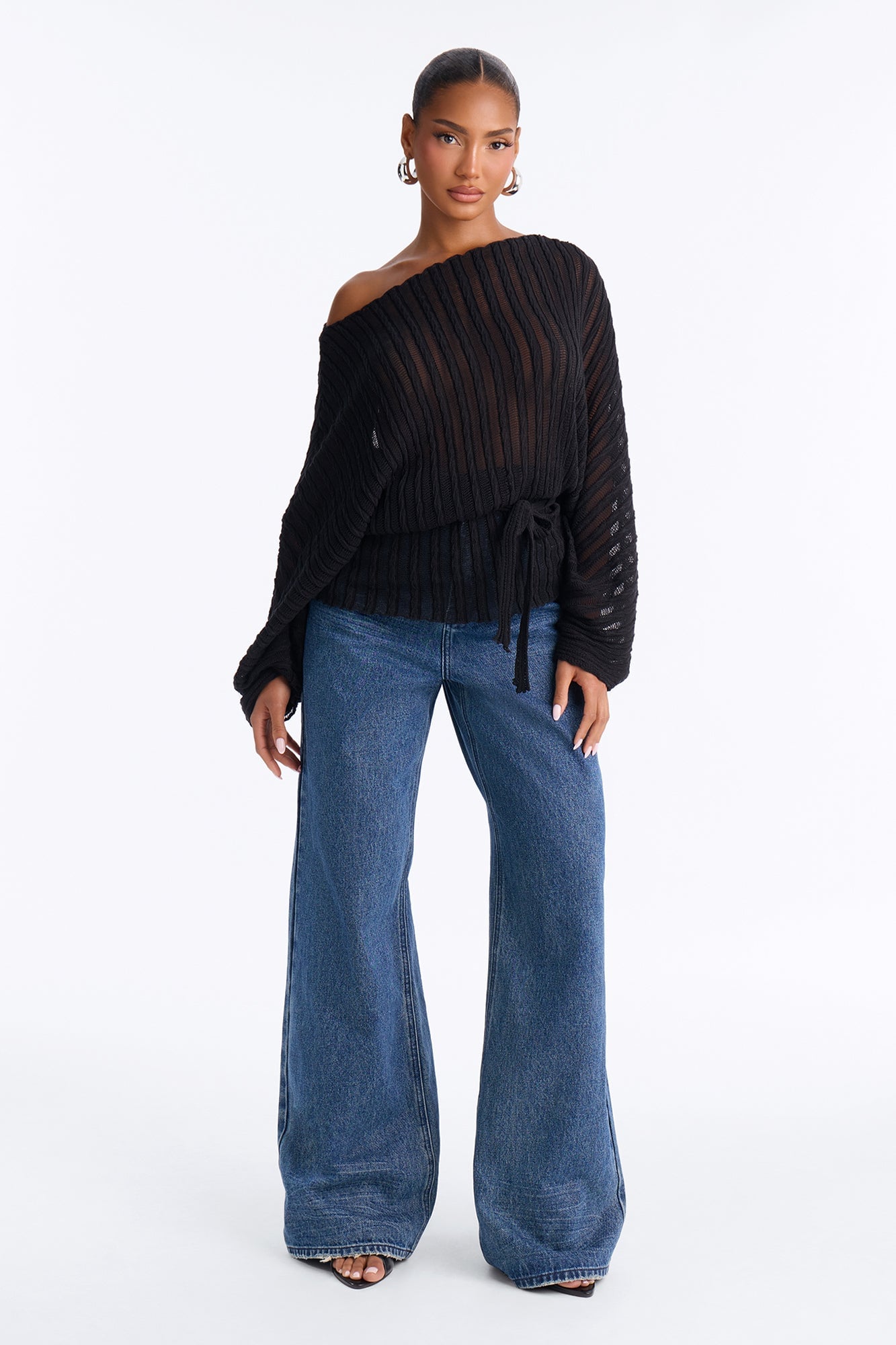 Silent Romance Tie Waist Pullover Sweater - Black image 6