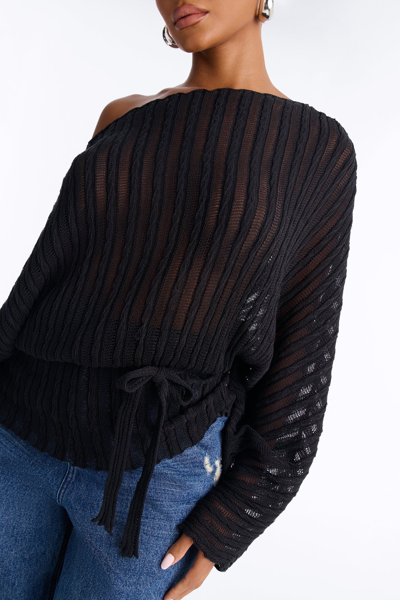 Silent Romance Tie Waist Pullover Sweater - Black image 7