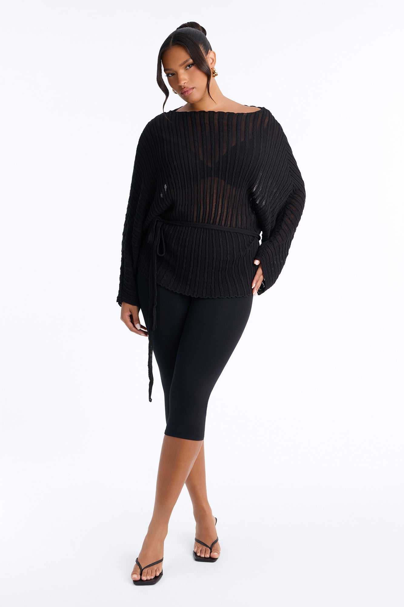 Silent Romance Tie Waist Pullover Sweater - Black image 2