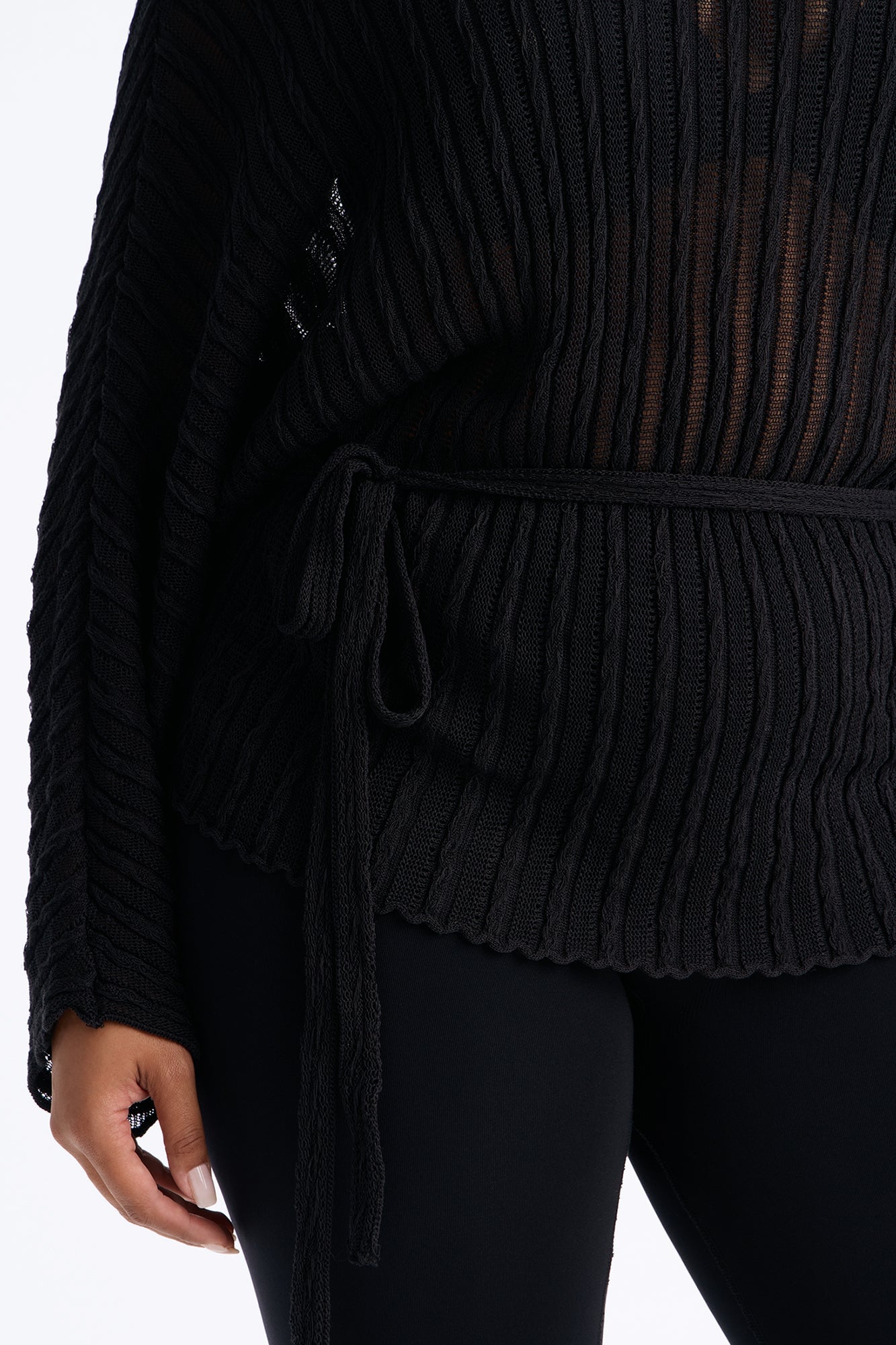 Silent Romance Tie Waist Pullover Sweater - Black image 3