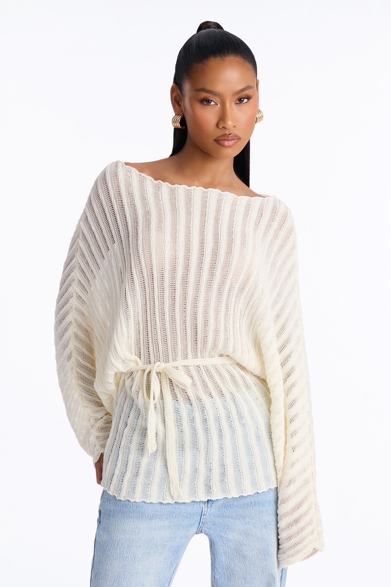 Silent Romance Tie Waist Pullover Sweater - Cream image 5