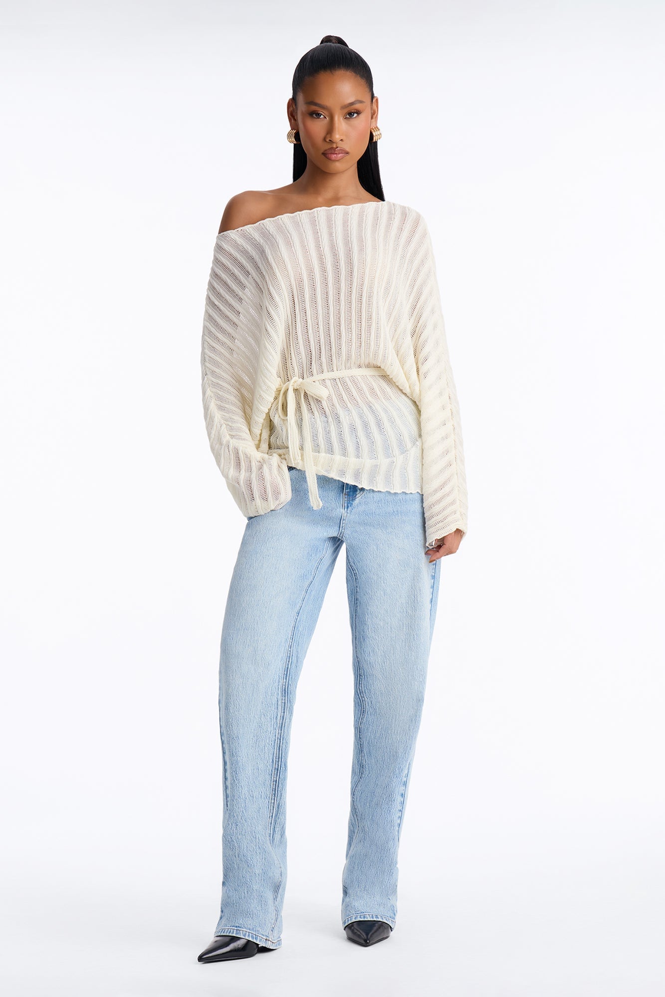 Silent Romance Tie Waist Pullover Sweater - Cream image 6