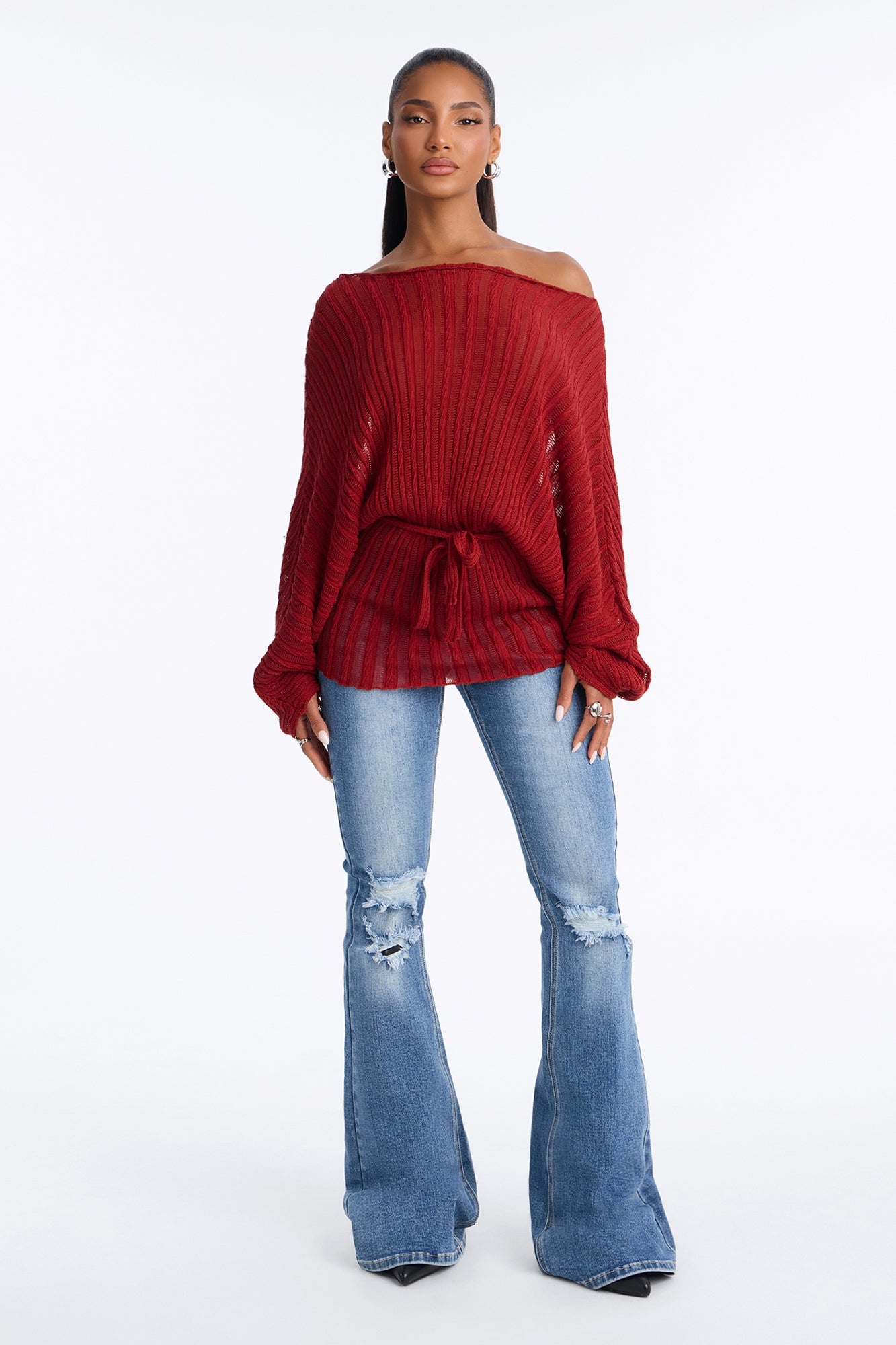 Silent Romance Tie Waist Pullover Sweater - Rust image 6