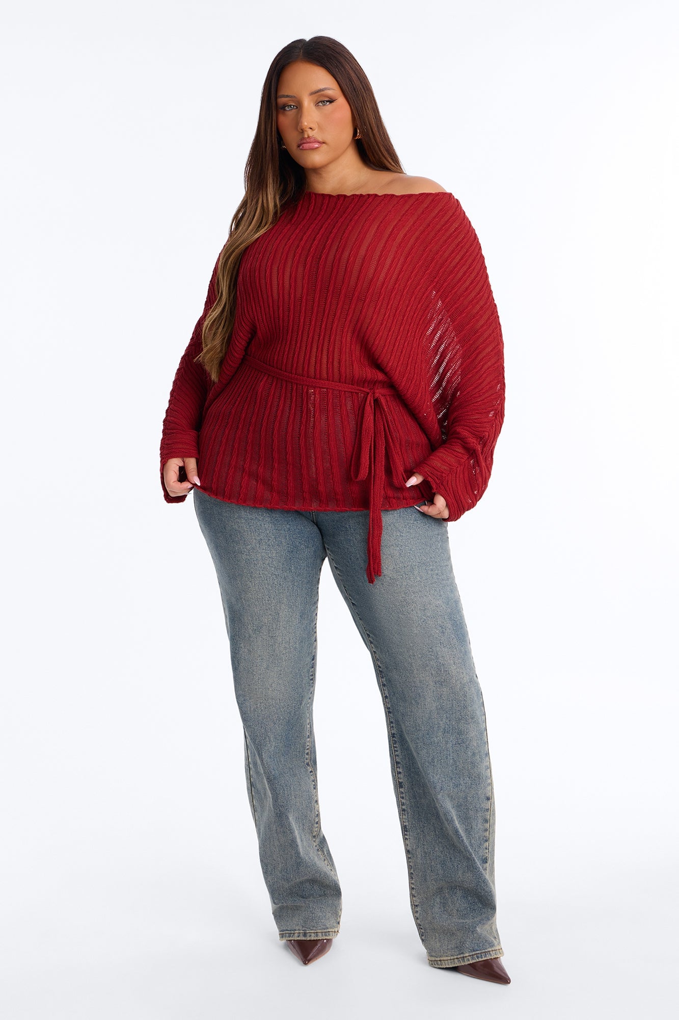 Silent Romance Tie Waist Pullover Sweater - Rust image 2