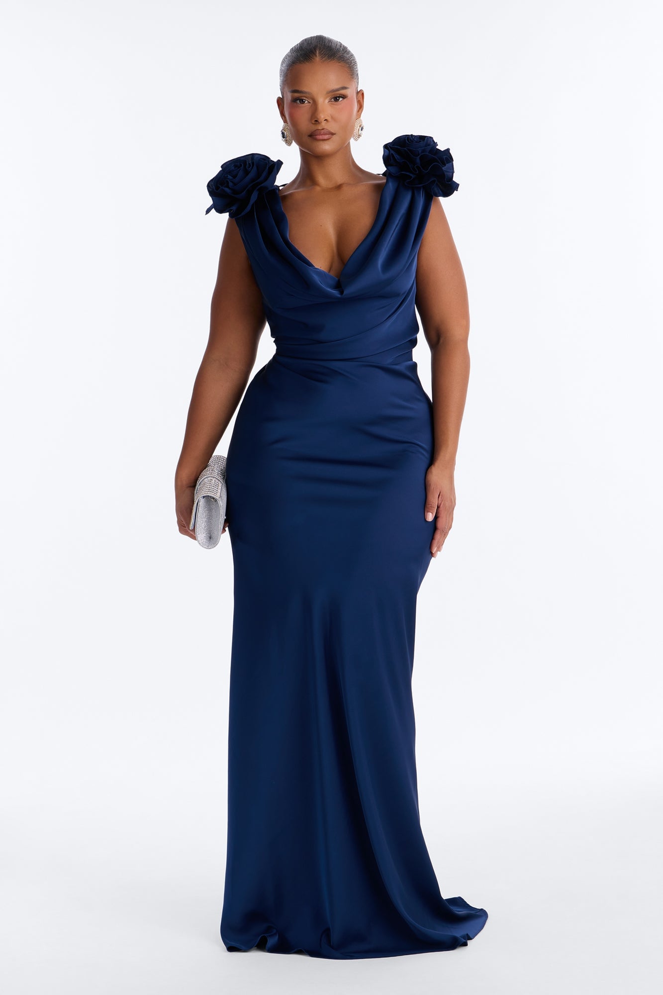Positano Cowl Neck Satin Maxi Dress - Navy image 1