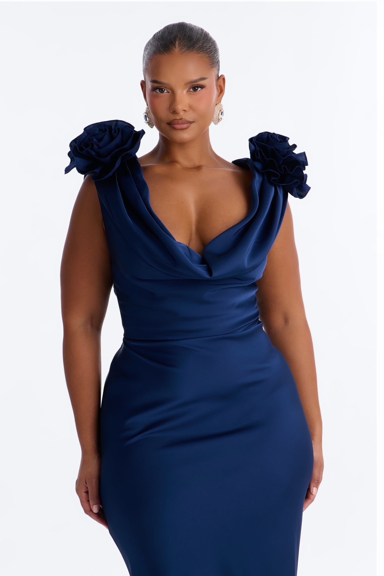Positano Cowl Neck Satin Maxi Dress - Navy image 2