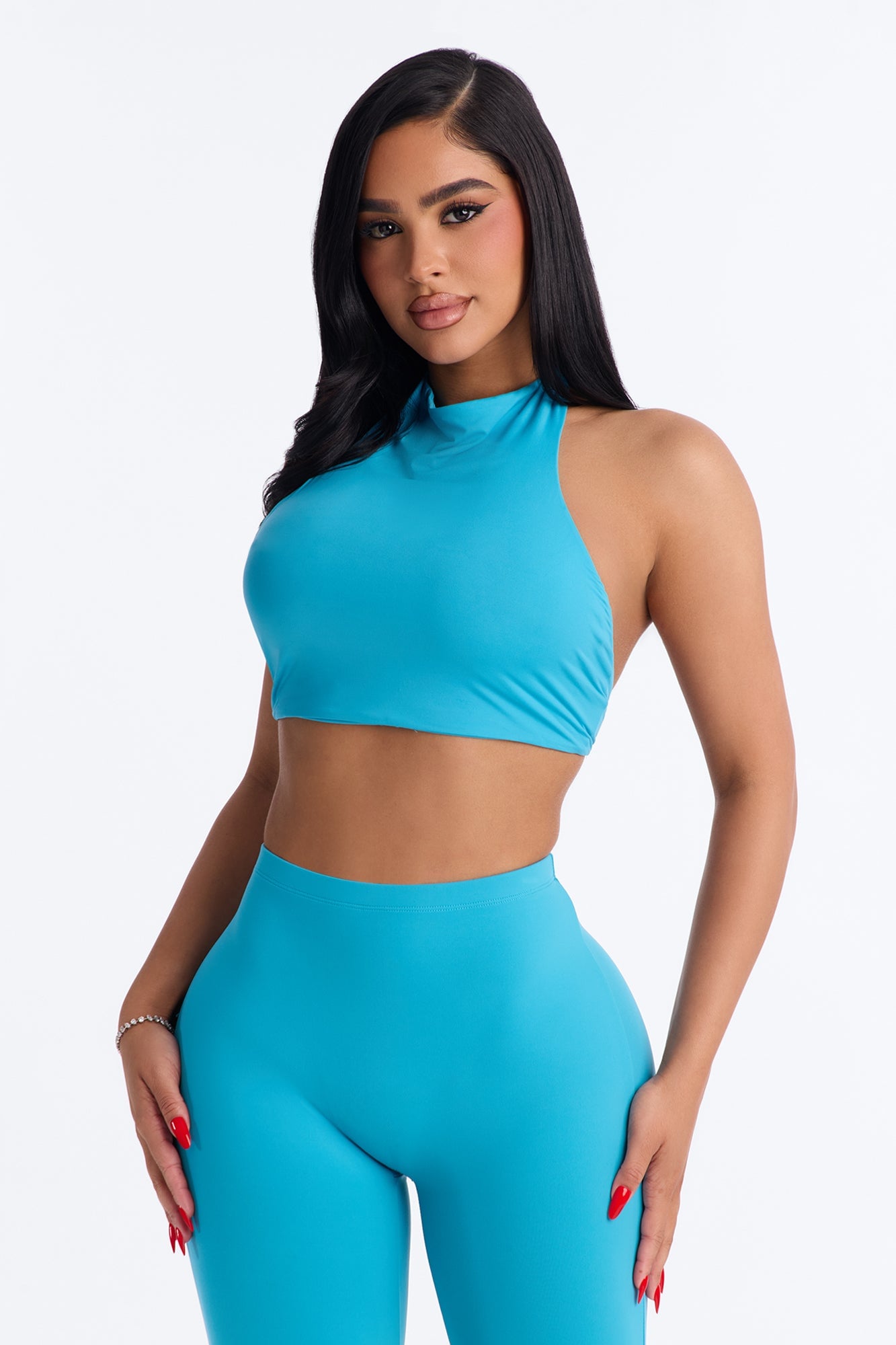Second Skin Padded Backless Mock Neck Halter Top - Blue image 5