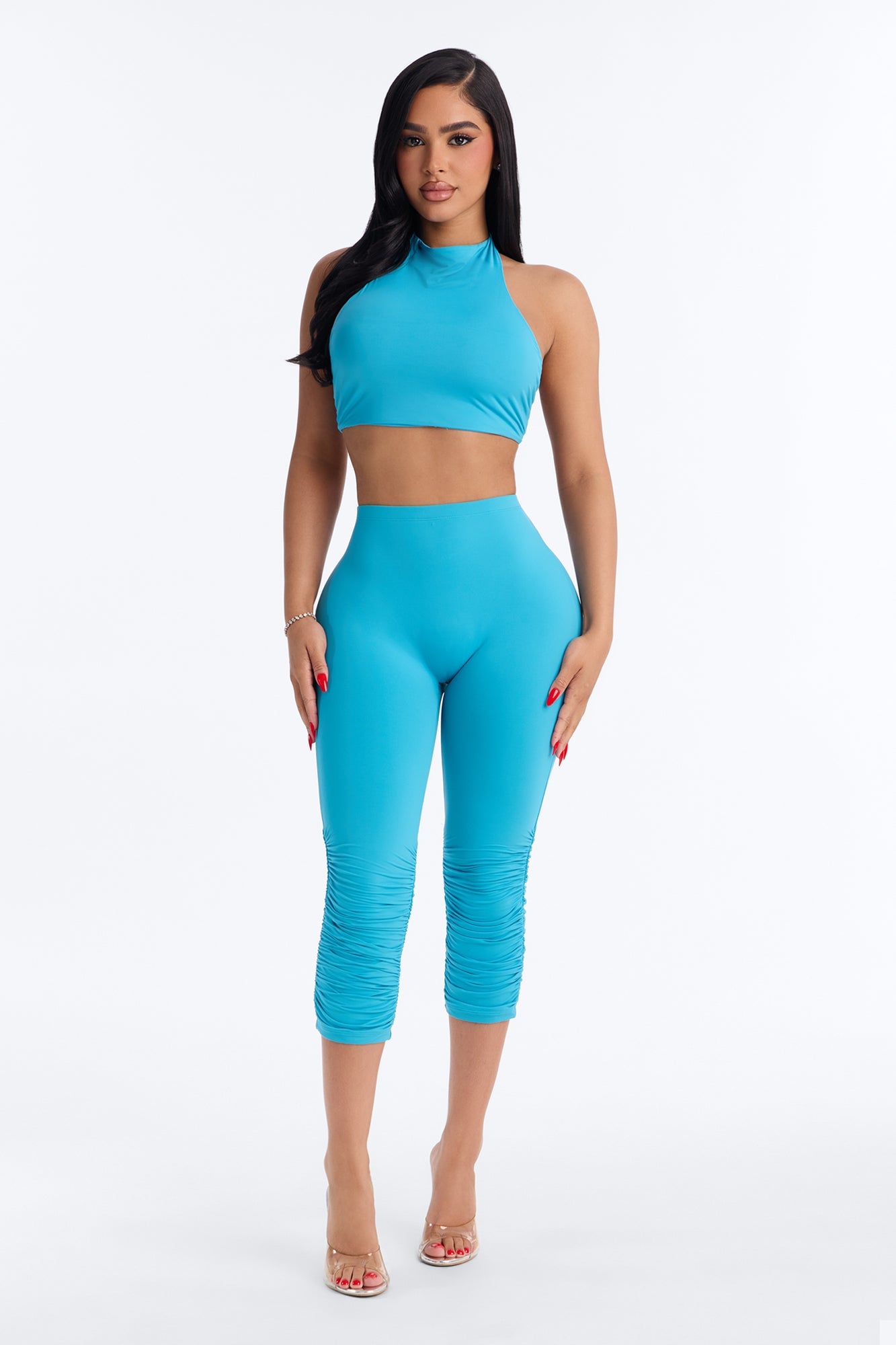 Second Skin Padded Backless Mock Neck Halter Top - Blue image 6