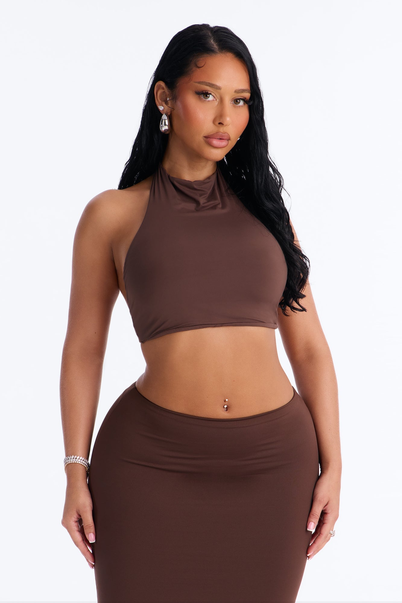 Second Skin Padded Backless Mock Neck Halter Top - Chocolate image 5
